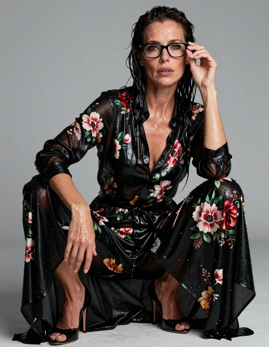 photo of young woman, in soaking wet, drenched clothes,
high-heeled shoes, maxi shiny black floral shirt dress, maxi shiny black floral shirt dress, after bath, 
enjoying, wet clothes stuck to body,
detailed textures of the wet clothes, wet face, wet plastered hair,
wet, drenched, professional, high-quality details, full body view.
sharp focus, ultra-high pixel detail, realistic, high-quality, full colors, incredibly detailed, 4k, 8k, 16k, hyper-realistic, RAW photo, masterpiece, ultra-detailed, professionally color graded, professional photograph, europen brunette skinny woman 50 years old, long dark black hair, office glasses, very big and thick lips, complete body, wet skin, wet clothes, damp fabric, wet skin, wet clothes, damp fabric, wet skin, wet clothes, damp fabric, wet skin, wet clothes, damp fabric, wet skin, wet clothes, damp fabric, wet skin, wet clothes, damp fabric, wet skin, wet clothes, damp fabric