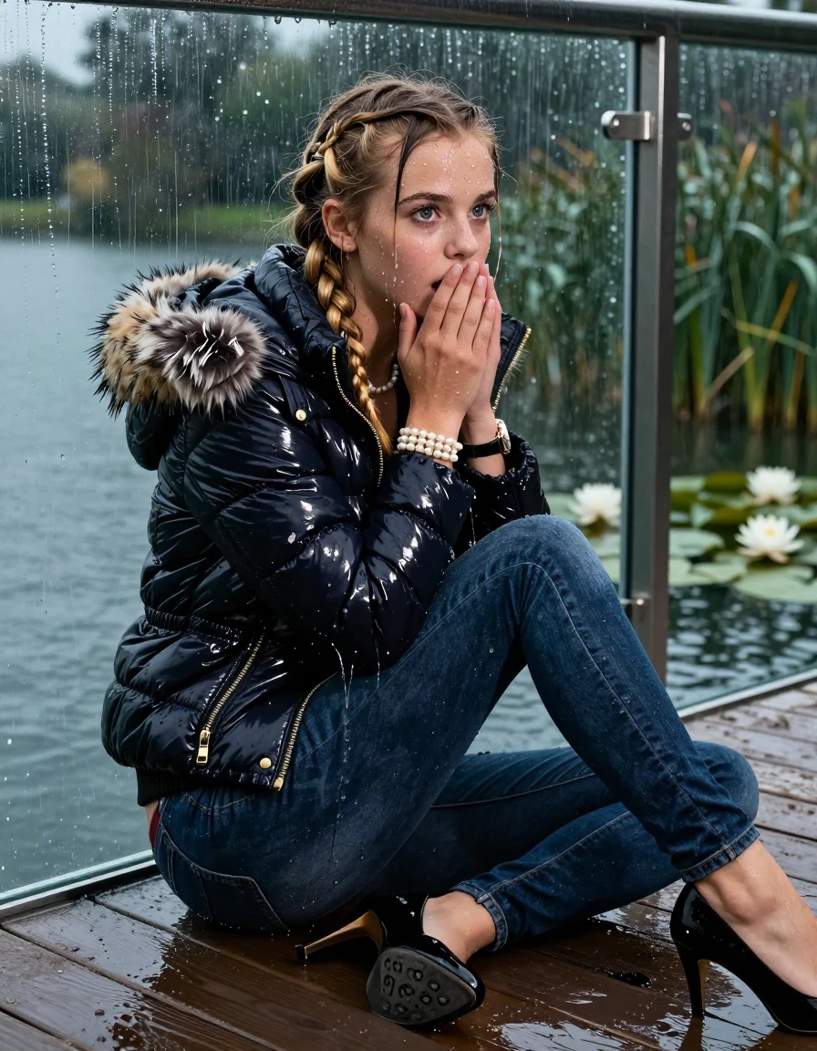 photo of young woman, in soaking wet, drenched clothes,
Black high heels, Dark blue levis skinny jeans, Moncler shiny puffer down jacket with fur, Open jacket, tight v-neck sweater, shoulderbag, pearl necklace, bracelet, wristwatch, Orgasm in jetty by the lake with water lilies and reeds, 
enjoying, wet clothes stuck to body,
detailed textures of the wet clothes, wet face, wet plastered hair,
wet, drenched, professional, high-quality details, full body view.
sharp focus, ultra-high pixel detail, realistic, high-quality, full colors, incredibly detailed, 4k, 8k, 16k, hyper-realistic, RAW photo, masterpiece, ultra-detailed, professionally color graded, professional photograph, A realistic vertical fashion photograph taken from a backward, behind-the-back angle of a 15-year-old teenage girl sitting  and slides in a glass-walled outdoor swimming pool, facing down to the camera to show her back. She is tilting her head at camera, letting the water drench her hair so it is glued flat against her head and body. She has two blonde long braids , completely saturated and dripping wet hair, with water cascading down her face and neck. Afraid and astonished expression. Hold her hands on her mouth. Closed mouth, big eyes. The lighting is bright and cinematic, highlighting the glistening water droplets on her skin and the saturated texture of her  casual clothes. Outside the large glass wall of the pool building, heavy rain is visible falling against the window. Soft, moody indoor lighting with reflections on the water. High-quality fashion photography style.
her clothing is soaking wet and clinging tightly to her skin, showing heavy wet folds, darkened fabric texture, and deep water-saturated Patches, her clothes are heavy from the water, water runs from her body and her clothes in streams. A lot of water also runs out of her clothes. Her clothes are darkened by the water. 
hyper-realistic wetness, high-contrast water sheen, sharp focus, 16k resolution, professional photography, realistic water physics., wet skin, wet clothes, damp fabric, wet skin, wet clothes, damp fabric, wet skin, wet clothes, damp fabric, wet skin, wet clothes, damp fabric, wet skin, wet clothes, damp fabric, wet skin, wet clothes, damp fabric, wet skin, wet clothes, damp fabric, wet skin, wet clothes, damp fabric, wet skin, wet clothes, damp fabric, wet skin, wet clothes, damp fabric, wet skin, wet clothes, damp fabric, wet skin, wet clothes, damp fabric, wet skin, wet clothes, damp fabric, wet skin, wet clothes, damp fabric, wet skin, wet clothes, damp fabric, wet skin, wet clothes, damp fabric, wet skin, wet clothes, damp fabric, wet skin, wet clothes, damp fabric, wet skin, wet clothes, damp fabric, wet skin, wet clothes, damp fabric, wet skin, wet clothes, damp fabric