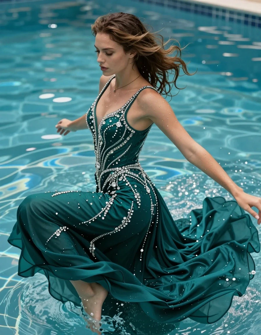 A stunning young adult European woman with wavy side-parted hair, wearing a thin plain necklace and a luxurious floor-length emerald teal formal gown intricately embroidered with sparkling diamond stones. The woman is captured in a graceful backstroke motion inside a swimming pool. The gown is completely drenched, with the emerald teal fabric appearing significantly darker, heavy with water, and clinging sensually to her sexy body contours, revealing the texture of the wet embroidery and the weight of the soaked material. Her skin and hair are glistening with water sheen and droplets. The scene is illuminated by shimmering underwater light reflecting off the surface and the wet fabric. High-detail photographic composition, sharp focus on the wet texture of the gown, hyper-realistic water interaction, cinematic lighting, 8k resolution.