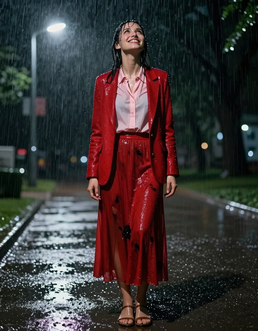 A photorealistic full-body shot of a young adult European woman standing in a park at night during a torrential downpour, looking up at the sky with a joyful, radiant expression, her face and skin glistening with water, hair drenched and clinging to her forehead. She is wearing a light pink buttoned-down blouse with a pussy bow, layered under a luxurious red cashmere blazer, paired with a floor-length red cashmere skirt and delicate sandals over sheer stockings. All clothing is visibly soaked, with the cashmere fabric appearing heavy, clinging to her form, and showing deep, saturated red tones with darkened patches from the heavy rain. The atmosphere is dark and moody, illuminated by the harsh light of nearby streetlamps reflecting off the wet pavement and the woman's saturated clothing. High-contrast cinematic lighting, 8k resolution, hyper-detailed textures of wet fabric and skin, raindrops frozen in mid-air, intense water sheen, atmospheric depth, sharp focus on the subject.