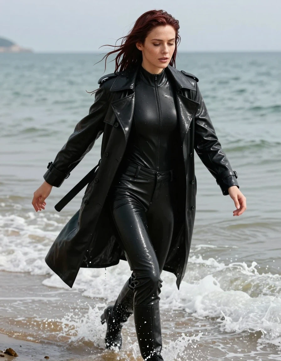 photo of young woman, in soaking wet, drenched clothes,
black leather knee-high boots, black vinyl pants, black vinyl polar neck catsuit , black vinyl trench coat, diving into the waves at the beach, 
enjoying, wet clothes stuck to body,
detailed textures of the wet clothes, wet face, wet plastered hair,
wet, drenched, professional, high-quality details, full body view.
sharp focus, ultra-high pixel detail, realistic, high-quality, full colors, incredibly detailed, 4k, 8k, 16k, hyper-realistic, RAW photo, masterpiece, ultra-detailed, professionally color graded, professional photograph, white American woman, long dripping shoulder-length dark auburn hair, wet skin, wet clothes, damp fabric, wet skin, wet clothes, damp fabric, wet skin, wet clothes, damp fabric