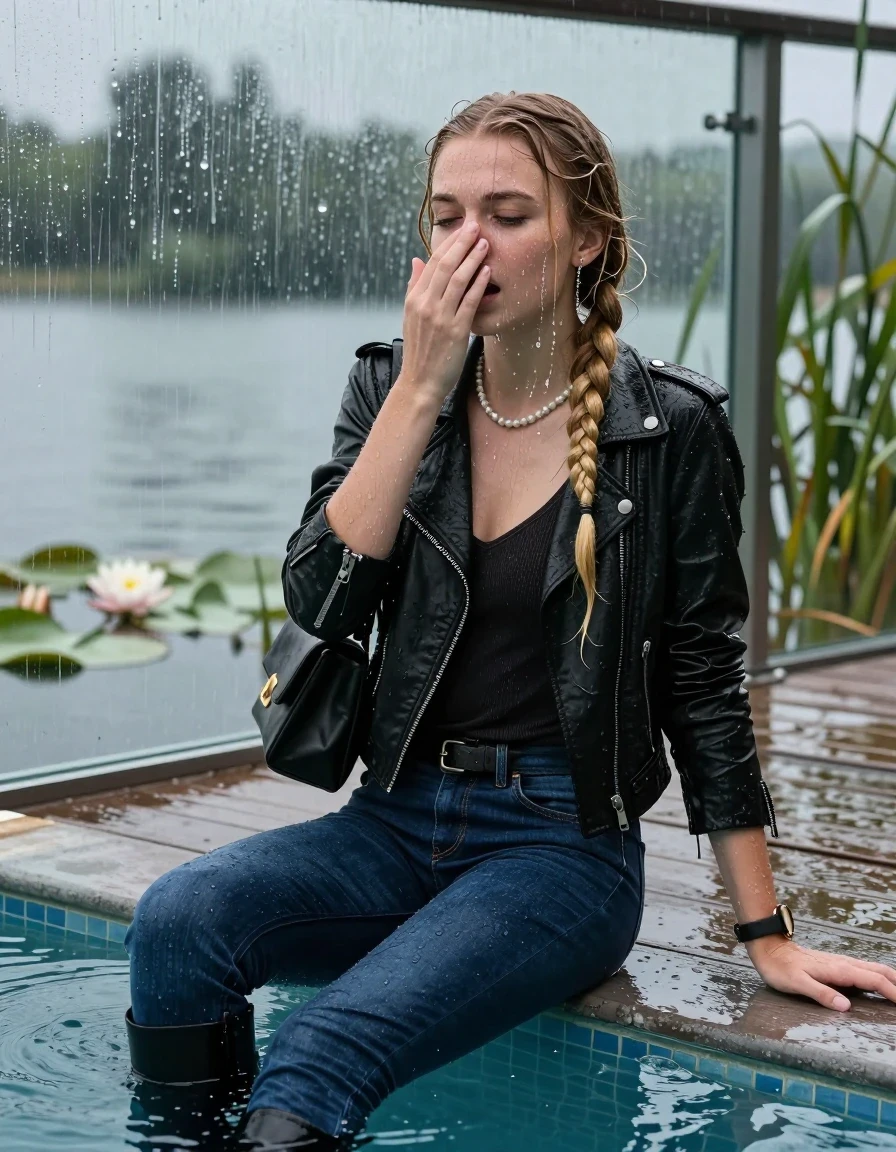 photo of young woman, in soaking wet, drenched clothes,
Black high boots, Dark blue levis skinny jeans, Black biker leatherjacket, Open jacket, tight v-neck sweater, shoulderbag, pearl necklace, bracelet, wristwatch, Orgasm in jetty by the lake with water lilies and reeds, 
enjoying, wet clothes stuck to body,
detailed textures of the wet clothes, wet face, wet plastered hair,
wet, drenched, professional, high-quality details, full body view.
sharp focus, ultra-high pixel detail, realistic, high-quality, full colors, incredibly detailed, 4k, 8k, 16k, hyper-realistic, RAW photo, masterpiece, ultra-detailed, professionally color graded, professional photograph, A realistic vertical fashion photograph taken from a backward, behind-the-back angle of a 15-year-old teenage girl sitting  in a glass-walled outdoor swimming pool, facing down to the camera to show her back. She is tilting her head up at camera, letting the water drench her hair so it is glued flat against her head and body. She has two blonde long braids , completely saturated and dripping wet hair, with water cascading down her face and neck. Afraid and astonished Expression. Cover her nose with a hand. Closed mouth, closed eyes. The lighting is bright and cinematic, highlighting the glistening water droplets on her skin and the saturated texture of her  casual clothes. Outside the large glass wall of the pool building, heavy rain is visible falling against the window. Soft, moody indoor lighting with reflections on the water. High-quality fashion photography style.
her clothing is soaking wet and clinging tightly to her skin, showing heavy wet folds, darkened fabric texture, and deep water-saturated Patches, her clothes are heavy from the water, water runs from her body and her clothes in streams. A lot of water also runs out of her clothes. Her clothes are darkened by the water. 
hyper-realistic wetness, high-contrast water sheen, sharp focus, 16k resolution, professional photography, realistic water physics., wet skin, wet clothes, damp fabric, wet skin, wet clothes, damp fabric, wet skin, wet clothes, damp fabric, wet skin, wet clothes, damp fabric, wet skin, wet clothes, damp fabric, wet skin, wet clothes, damp fabric, wet skin, wet clothes, damp fabric, wet skin, wet clothes, damp fabric, wet skin, wet clothes, damp fabric, wet skin, wet clothes, damp fabric, wet skin, wet clothes, damp fabric, wet skin, wet clothes, damp fabric, wet skin, wet clothes, damp fabric, wet skin, wet clothes, damp fabric, wet skin, wet clothes, damp fabric, wet skin, wet clothes, damp fabric, wet skin, wet clothes, damp fabric, wet skin, wet clothes, damp fabric, wet skin, wet clothes, damp fabric, wet skin, wet clothes, damp fabric, wet skin, wet clothes, damp fabric