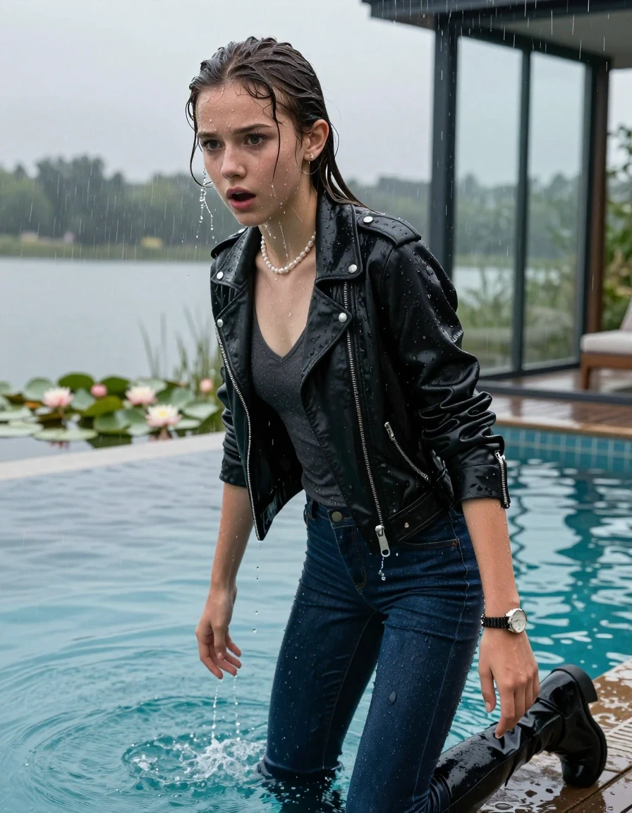 photo of young woman, in soaking wet, drenched clothes,
Black high boots, Dark blue levis skinny jeans, Black biker leatherjacket, Open jacket, tight v-neck sweater, shoulderbag, pearl necklace, bracelet, wristwatch, Orgasm in jetty by the lake with water lilies and reeds, 
enjoying, wet clothes stuck to body,
detailed textures of the wet clothes, wet face, wet plastered hair,
wet, drenched, professional, high-quality details, full body view.
sharp focus, ultra-high pixel detail, realistic, high-quality, full colors, incredibly detailed, 4k, 8k, 16k, hyper-realistic, RAW photo, masterpiece, ultra-detailed, professionally color graded, professional photograph, A realistic vertical fashion photograph taken from a backward, behind-the-back angle of a 12-year-old teenage girl pushed forward in a glass-walled outdoor swimming pool, facing down to the camera to show her back. She is tilting her head at camera, letting the water drench her hair so it is glued flat against her head and body. She has a long sleek ponytail, completely saturated and dripping wet hair, with water cascading down her face and neck. Afraid and astonished Expression. Closed mouth, big eyes. The lighting is bright and cinematic, highlighting the glistening water droplets on her skin and the saturated texture of her  casual clothes. Outside the large glass wall of the pool building, heavy rain is visible falling against the window. Soft, moody indoor lighting with reflections on the water. High-quality fashion photography style.
her clothing is soaking wet and clinging tightly to her skin, showing heavy wet folds, darkened fabric texture, and deep water-saturated Patches, her clothes are heavy from the water, water runs from her body and her clothes in streams. A lot of water also runs out of her clothes. Her clothes are darkened by the water. 
hyper-realistic wetness, high-contrast water sheen, sharp focus, 16k resolution, professional photography, realistic water physics., wet skin, wet clothes, damp fabric, wet skin, wet clothes, damp fabric, wet skin, wet clothes, damp fabric, wet skin, wet clothes, damp fabric, wet skin, wet clothes, damp fabric, wet skin, wet clothes, damp fabric, wet skin, wet clothes, damp fabric, wet skin, wet clothes, damp fabric, wet skin, wet clothes, damp fabric, wet skin, wet clothes, damp fabric, wet skin, wet clothes, damp fabric, wet skin, wet clothes, damp fabric, wet skin, wet clothes, damp fabric, wet skin, wet clothes, damp fabric, wet skin, wet clothes, damp fabric, wet skin, wet clothes, damp fabric, wet skin, wet clothes, damp fabric, wet skin, wet clothes, damp fabric, wet skin, wet clothes, damp fabric, wet skin, wet clothes, damp fabric, wet skin, wet clothes, damp fabric, wet skin, wet clothes, damp fabric, wet skin, wet clothes, damp fabric