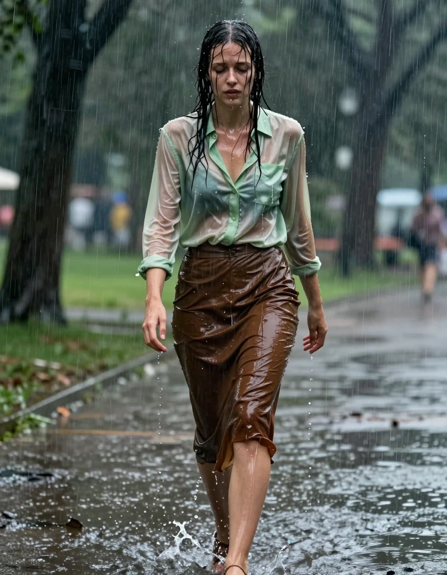 A photorealistic medium shot of a young adult European woman walking through a park during a torrential downpour, looking completely exhausted. She is wearing a light green silk buttoned-down blouse that is clinging to her skin, darkened and translucent from the heavy rain, with visible water rivulets running down the fabric. Below, she wears a floor-length brown skirt that is heavy, soaked, and clinging to her legs, layered over thin stockings that are slick with water. She is wearing sandals on her feet, with water splashing around her steps. Her hair is plastered to her face and shoulders, dripping with rain, and her skin has a realistic, glistening wet sheen. The park environment is blurred by the intense rain, with dark, saturated colors and heavy atmosphere. Cinematic lighting highlights the water droplets and the glossy, clinging texture of the wet fabrics, captured with a sharp focus on the subject's tired expression, high-resolution photography, 8k, realistic textures, atmospheric depth.