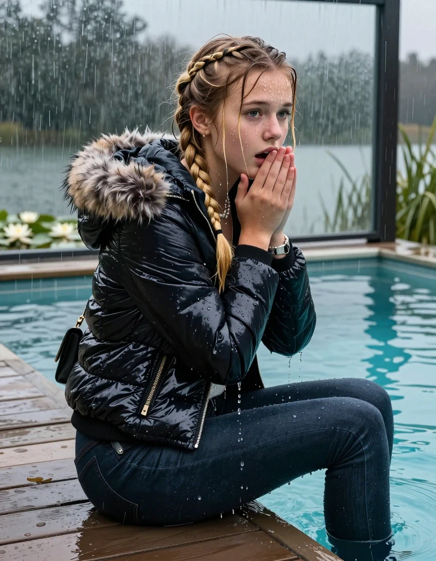photo of young woman, in soaking wet, drenched clothes,
, Dark levis skinny jeans, Moncler shiny puffer down jacket with fur, Open jacket, tight v-neck sweater, shoulderbag, pearl necklace, bracelet, wristwatch, Orgasm in jetty by the lake with water lilies and reeds, 
enjoying, wet clothes stuck to body,
detailed textures of the wet clothes, wet face, wet plastered hair,
wet, drenched, professional, high-quality details, full body view.
sharp focus, ultra-high pixel detail, realistic, high-quality, full colors, incredibly detailed, 4k, 8k, 16k, hyper-realistic, RAW photo, masterpiece, ultra-detailed, professionally color graded, professional photograph, A realistic vertical fashion photograph taken from a backward, behind-the-back angle of a 15-year-old teenage girl sitting  in a glass-walled outdoor swimming pool, facing down to the camera to show her back. She is tilting her head at camera, letting the water drench her hair so it is glued flat against her head and body. She has two blonde long braids , completely saturated and dripping wet hair, with water cascading down her face and neck. Afraid and astonished expression. Hold her hands on her chin. open mouth, big eyes. The lighting is bright and cinematic, highlighting the glistening water droplets on her skin and the saturated texture of her  casual clothes. Outside the large glass wall of the pool building, heavy rain is visible falling against the window. Soft, moody indoor lighting with reflections on the water. High-quality fashion photography style.
her clothing is soaking wet and clinging tightly to her skin, showing heavy wet folds, darkened fabric texture, and deep water-saturated Patches, her clothes are heavy from the water, water runs from her body and her clothes in streams. A lot of water also runs out of her clothes. Her clothes are darkened by the water. 
hyper-realistic wetness, high-contrast water sheen, sharp focus, 16k resolution, professional photography, realistic water physics., wet skin, wet clothes, damp fabric, wet skin, wet clothes, damp fabric, wet skin, wet clothes, damp fabric, wet skin, wet clothes, damp fabric, wet skin, wet clothes, damp fabric, wet skin, wet clothes, damp fabric, wet skin, wet clothes, damp fabric, wet skin, wet clothes, damp fabric, wet skin, wet clothes, damp fabric, wet skin, wet clothes, damp fabric, wet skin, wet clothes, damp fabric, wet skin, wet clothes, damp fabric, wet skin, wet clothes, damp fabric, wet skin, wet clothes, damp fabric, wet skin, wet clothes, damp fabric, wet skin, wet clothes, damp fabric, wet skin, wet clothes, damp fabric, wet skin, wet clothes, damp fabric, wet skin, wet clothes, damp fabric, wet skin, wet clothes, damp fabric, wet skin, wet clothes, damp fabric
