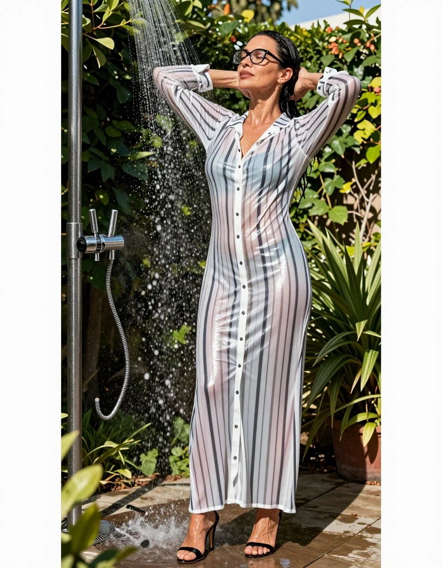 photo of young woman, in soaking wet, drenched clothes,
high-heeled shoes, maxi shiny white & black vertical striped shirt dress, maxi shiny white & black vertical striped shirt dress, taking shower in sunny garden after bath, 
enjoying, wet clothes stuck to body,
detailed textures of the wet clothes, wet face, wet plastered hair,
wet, drenched, professional, high-quality details, full body view.
sharp focus, ultra-high pixel detail, realistic, high-quality, full colors, incredibly detailed, 4k, 8k, 16k, hyper-realistic, RAW photo, masterpiece, ultra-detailed, professionally color graded, professional photograph, europen brunette skinny woman 50 years old, long dark black hair, office glasses, very big and thick lips, complete body, wet skin, wet clothes, damp fabric, wet skin, wet clothes, damp fabric, wet skin, wet clothes, damp fabric, wet skin, wet clothes, damp fabric, wet skin, wet clothes, damp fabric, wet skin, wet clothes, damp fabric, wet skin, wet clothes, damp fabric