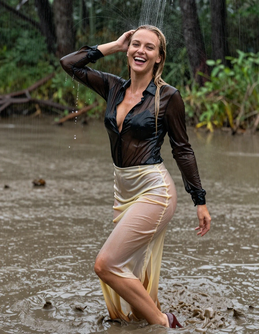 photo of young woman, in soaking wet, drenched clothes,
pumps, high-heels, transparent light yellow slim floor-length satin skirt, no underwear, transparent schwarz slim satin long blouse, see-through, kein BH, mudbath, swamp, waves, heavy rain, 
enjoying, wet clothes stuck to body,
detailed textures of the wet clothes, wet face, wet plastered hair,
wet, drenched, professional, high-quality details, full body view.
sharp focus, ultra-high pixel detail, realistic, high-quality, full colors, incredibly detailed, 4k, 8k, 16k, hyper-realistic, RAW photo, masterpiece, ultra-detailed, professionally color graded, professional photograph, crawling through deep muddy water, laughing, blond hair, shower, collar, long sleeves, buttoned, wet hair, long hair, soaking wet blouse,  full body view,  side view, drenched clothes, shower, wet skin, wet clothes, soaking wet fabric, pouring water on head,
kein BH, sichtbare Brüste, im wasser stehen, Blick zur Kamera, wet skin, wet clothes, damp fabric