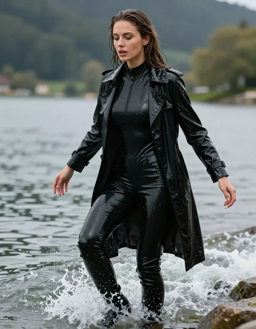photo of young woman, in soaking wet, drenched clothes,
black leather knee-high boots, black vinyl pants, black vinyl polar neck catsuit , black vinyl trench coat, diving into the waves at the bach, 
enjoying, wet clothes stuck to body,
detailed textures of the wet clothes, wet face, wet plastered hair,
wet, drenched, professional, high-quality details, full body view.
sharp focus, ultra-high pixel detail, realistic, high-quality, full colors, incredibly detailed, 4k, 8k, 16k, hyper-realistic, RAW photo, masterpiece, ultra-detailed, professionally color graded, professional photograph, white woman, long dripping wet brown hair,, wet skin, wet clothes, damp fabric, wet skin, wet clothes, damp fabric, wet skin, wet clothes, damp fabric