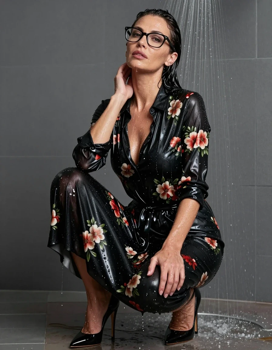 photo of young woman, in soaking wet, drenched clothes,
high-heeled shoes, maxi shiny black floral shirt dress, maxi shiny black floral shirt dress, after shower, 
enjoying, wet clothes stuck to body,
detailed textures of the wet clothes, wet face, wet plastered hair,
wet, drenched, professional, high-quality details, full body view.
sharp focus, ultra-high pixel detail, realistic, high-quality, full colors, incredibly detailed, 4k, 8k, 16k, hyper-realistic, RAW photo, masterpiece, ultra-detailed, professionally color graded, professional photograph, europen brunette skinny woman 50 years old, long dark black hair, office glasses, very big and thick lips, complete body, wet skin, wet clothes, damp fabric, wet skin, wet clothes, damp fabric, wet skin, wet clothes, damp fabric, wet skin, wet clothes, damp fabric, wet skin, wet clothes, damp fabric, wet skin, wet clothes, damp fabric, wet skin, wet clothes, damp fabric