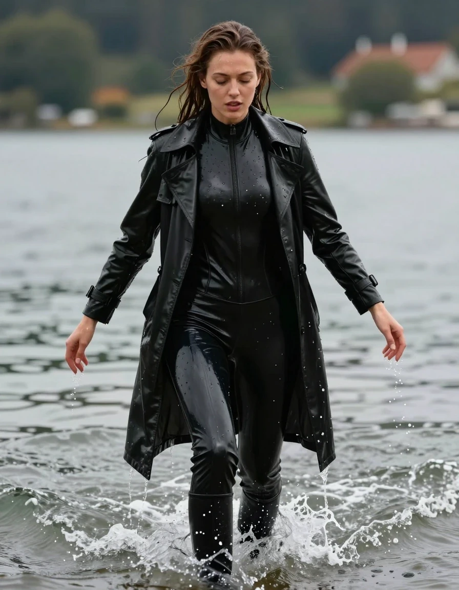 photo of young woman, in soaking wet, drenched clothes,
black leather knee-high boots, black vinyl pants, black vinyl polar neck catsuit , black vinyl trench coat, diving into the waves at the bach, 
enjoying, wet clothes stuck to body,
detailed textures of the wet clothes, wet face, wet plastered hair,
wet, drenched, professional, high-quality details, full body view.
sharp focus, ultra-high pixel detail, realistic, high-quality, full colors, incredibly detailed, 4k, 8k, 16k, hyper-realistic, RAW photo, masterpiece, ultra-detailed, professionally color graded, professional photograph, white woman, long dripping wet brown hair,, wet skin, wet clothes, damp fabric, wet skin, wet clothes, damp fabric, wet skin, wet clothes, damp fabric