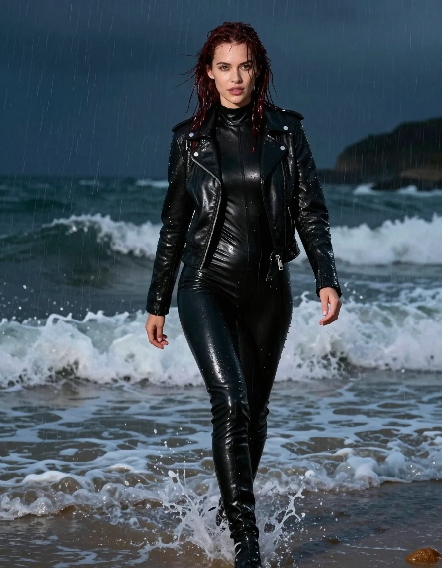 photo of young woman, in soaking wet, drenched clothes,
black leather knee-high boots, black vinyl pants, black wet-look polar neck catsuit , black bikers leather jacket, walking in the waves at the beach, night, heavy rain, 
enjoying, wet clothes stuck to body,
detailed textures of the wet clothes, wet face, wet plastered hair,
wet, drenched, professional, high-quality details, full body view.
sharp focus, ultra-high pixel detail, realistic, high-quality, full colors, incredibly detailed, 4k, 8k, 16k, hyper-realistic, RAW photo, masterpiece, ultra-detailed, professionally color graded, professional photograph, Mia, long dripping shoulder-length dark auburn hair, wet skin, wet clothes, damp fabric, wet skin, wet clothes, damp fabric, wet skin, wet clothes, damp fabric