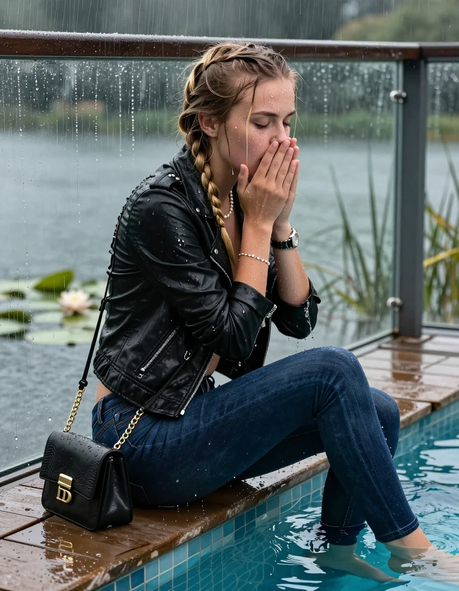 photo of young woman, in soaking wet, drenched clothes,
Black high heels, Dark blue levis skinny jeans, Black biker leatherjacket, Open jacket, tight v-neck sweater, shoulderbag, pearl necklace, bracelet, wristwatch, Orgasm in jetty by the lake with water lilies and reeds, 
enjoying, wet clothes stuck to body,
detailed textures of the wet clothes, wet face, wet plastered hair,
wet, drenched, professional, high-quality details, full body view.
sharp focus, ultra-high pixel detail, realistic, high-quality, full colors, incredibly detailed, 4k, 8k, 16k, hyper-realistic, RAW photo, masterpiece, ultra-detailed, professionally color graded, professional photograph, A realistic vertical fashion photograph taken from a backward, behind-the-back angle of a 15-year-old teenage girl sitting  in a glass-walled outdoor swimming pool, facing down to the camera to show her back. She is tilting her head at camera, letting the water drench her hair so it is glued flat against her head and body. She has two blonde long braids , completely saturated and dripping wet hair, with water cascading down her face and neck. Afraid and astonished Expression. Hold her hands over her mouth. Closed mouth, closed eyes. The lighting is bright and cinematic, highlighting the glistening water droplets on her skin and the saturated texture of her  casual clothes. Outside the large glass wall of the pool building, heavy rain is visible falling against the window. Soft, moody indoor lighting with reflections on the water. High-quality fashion photography style.
her clothing is soaking wet and clinging tightly to her skin, showing heavy wet folds, darkened fabric texture, and deep water-saturated Patches, her clothes are heavy from the water, water runs from her body and her clothes in streams. A lot of water also runs out of her clothes. Her clothes are darkened by the water. 
hyper-realistic wetness, high-contrast water sheen, sharp focus, 16k resolution, professional photography, realistic water physics., wet skin, wet clothes, damp fabric, wet skin, wet clothes, damp fabric, wet skin, wet clothes, damp fabric, wet skin, wet clothes, damp fabric, wet skin, wet clothes, damp fabric, wet skin, wet clothes, damp fabric, wet skin, wet clothes, damp fabric, wet skin, wet clothes, damp fabric, wet skin, wet clothes, damp fabric, wet skin, wet clothes, damp fabric, wet skin, wet clothes, damp fabric, wet skin, wet clothes, damp fabric, wet skin, wet clothes, damp fabric, wet skin, wet clothes, damp fabric, wet skin, wet clothes, damp fabric, wet skin, wet clothes, damp fabric, wet skin, wet clothes, damp fabric, wet skin, wet clothes, damp fabric, wet skin, wet clothes, damp fabric, wet skin, wet clothes, damp fabric, wet skin, wet clothes, damp fabric, wet skin, wet clothes, damp fabric