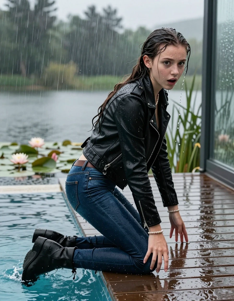 photo of young woman, in soaking wet, drenched clothes,
Black high boots, Dark blue levis skinny jeans, Black biker leatherjacket, Open jacket, tight v-neck sweater, shoulderbag, pearl necklace, bracelet, wristwatch, Orgasm in jetty by the lake with water lilies and reeds, 
enjoying, wet clothes stuck to body,
detailed textures of the wet clothes, wet face, wet plastered hair,
wet, drenched, professional, high-quality details, full body view.
sharp focus, ultra-high pixel detail, realistic, high-quality, full colors, incredibly detailed, 4k, 8k, 16k, hyper-realistic, RAW photo, masterpiece, ultra-detailed, professionally color graded, professional photograph, A realistic vertical fashion photograph taken from a backward, behind-the-back angle of a 12-year-old teenage girl falling  in a glass-walled outdoor swimming pool, facing down to the camera to show her back. She is tilting her head at camera, letting the water drench her hair so it is glued flat against her head and body. She has a long sleek ponytail, completely saturated and dripping wet hair, with water cascading down her face and neck. Afraid and astonished Expression. Closed mouth, big eyes. The lighting is bright and cinematic, highlighting the glistening water droplets on her skin and the saturated texture of her  casual clothes. Outside the large glass wall of the pool building, heavy rain is visible falling against the window. Soft, moody indoor lighting with reflections on the water. High-quality fashion photography style.
her clothing is soaking wet and clinging tightly to her skin, showing heavy wet folds, darkened fabric texture, and deep water-saturated Patches, her clothes are heavy from the water, water runs from her body and her clothes in streams. A lot of water also runs out of her clothes. Her clothes are darkened by the water. 
hyper-realistic wetness, high-contrast water sheen, sharp focus, 16k resolution, professional photography, realistic water physics., wet skin, wet clothes, damp fabric, wet skin, wet clothes, damp fabric, wet skin, wet clothes, damp fabric, wet skin, wet clothes, damp fabric, wet skin, wet clothes, damp fabric, wet skin, wet clothes, damp fabric, wet skin, wet clothes, damp fabric, wet skin, wet clothes, damp fabric, wet skin, wet clothes, damp fabric, wet skin, wet clothes, damp fabric, wet skin, wet clothes, damp fabric, wet skin, wet clothes, damp fabric, wet skin, wet clothes, damp fabric, wet skin, wet clothes, damp fabric, wet skin, wet clothes, damp fabric, wet skin, wet clothes, damp fabric, wet skin, wet clothes, damp fabric, wet skin, wet clothes, damp fabric, wet skin, wet clothes, damp fabric, wet skin, wet clothes, damp fabric, wet skin, wet clothes, damp fabric, wet skin, wet clothes, damp fabric, wet skin, wet clothes, damp fabric