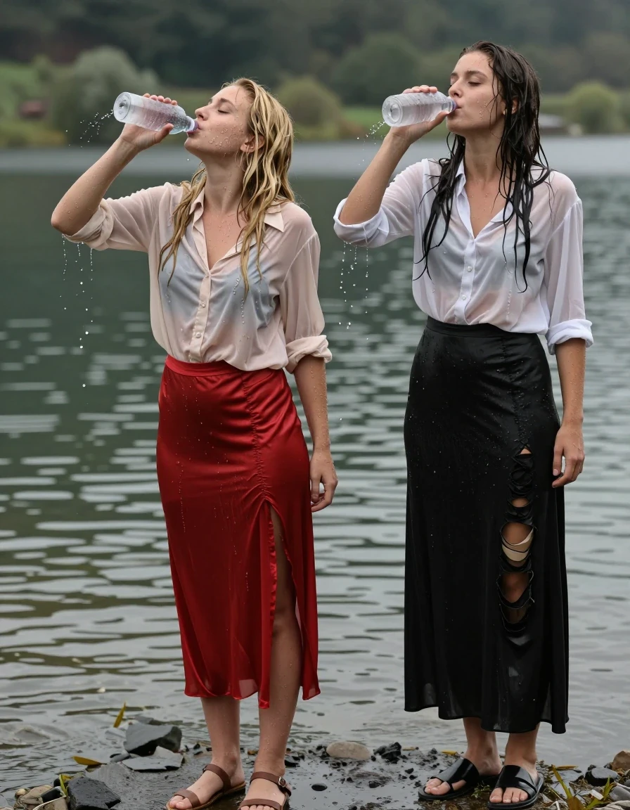 photo of young woman, in soaking wet, drenched clothes,
sandals, floor-length red silk skirt, stockings, 2nd woman: black maxi skirt, light pink buttoned down blouse, 2nd woman: sheer white blouse, at a lake, 
enjoying, wet clothes stuck to body,
detailed textures of the wet clothes, wet face, wet plastered hair,
wet, drenched, professional, high-quality details, full body view.
sharp focus, ultra-high pixel detail, realistic, high-quality, full colors, incredibly detailed, 4k, 8k, 16k, hyper-realistic, RAW photo, masterpiece, ultra-detailed, professionally color graded, professional photograph, exhausted, hastily drinking from the water sweaty and dirty, a blonde and a brunette, ripped clothes, wet skin, wet clothes, damp fabric