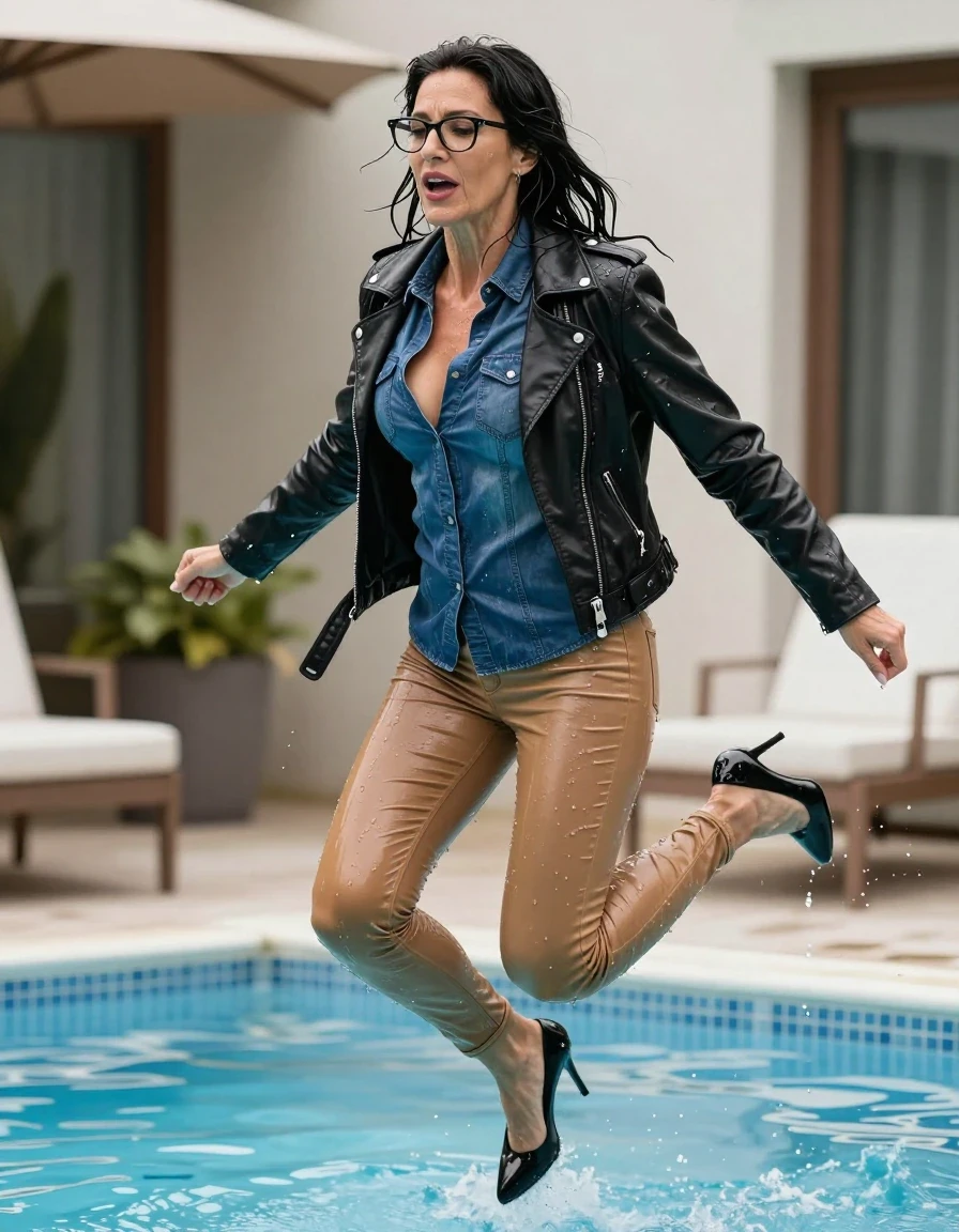 photo of young woman, in soaking wet, drenched clothes,
high-heeled shoes, long light brown tight shiny jeans, long shiny dark blue denim shirt, black byker leather jacket, jumping in pool, 
enjoying, wet clothes stuck to body,
detailed textures of the wet clothes, wet face, wet plastered hair,
wet, drenched, professional, high-quality details, full body view.
sharp focus, ultra-high pixel detail, realistic, high-quality, full colors, incredibly detailed, 4k, 8k, 16k, hyper-realistic, RAW photo, masterpiece, ultra-detailed, professionally color graded, professional photograph, europen brunette skinny woman 50 years old, long dark black hair, office glasses, very big and thick lips, complete body, wet skin, wet clothes, damp fabric, wet skin, wet clothes, damp fabric, wet skin, wet clothes, damp fabric, wet skin, wet clothes, damp fabric, wet skin, wet clothes, damp fabric, wet skin, wet clothes, damp fabric, wet skin, wet clothes, damp fabric