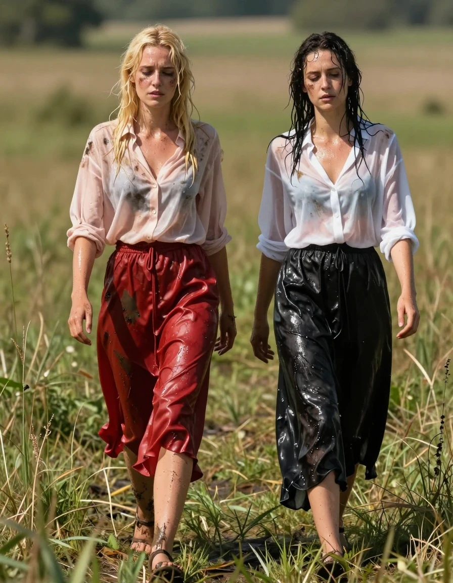 A photorealistic, high-detail wide shot of a blonde young adult European woman and a brunette young adult European woman walking through expansive grassy fields under the bright, harsh midday sun. Both women appear visibly exhausted, with sweat-glistening skin, damp hair, and dirt smudges on their faces and limbs after a long trek. The blonde woman wears a light pink buttoned-down blouse and a floor-length red silk skirt over stockings, her sandals caked in mud. The brunette woman wears a sheer white blouse and a black maxi skirt. Their clothing is heavily soaked, with the fabrics clinging to their bodies, showing dark, saturated patches, heavy folds, and a translucent, damp texture from being drenched in a swamp. The wet silk and sheer fabrics exhibit realistic water sheen and clinging behavior. The environment is a sun-drenched, overgrown meadow with tall grass, bright natural sunlight casting sharp shadows, high-resolution textures, cinematic lighting, 8k, captured on 35mm lens, hyper-realistic skin pores and wet fabric physics.