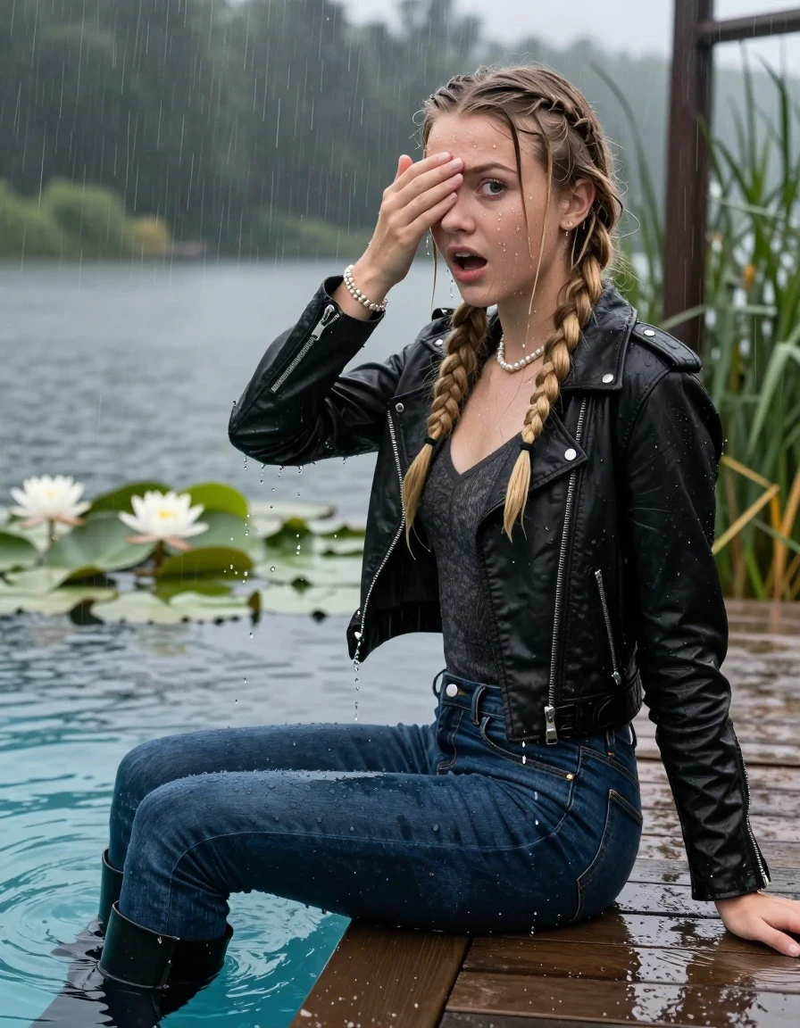 photo of young woman, in soaking wet, drenched clothes,
Black high boots, Dark blue levis skinny jeans, Black biker leatherjacket, Open jacket, tight v-neck sweater, shoulderbag, pearl necklace, bracelet, wristwatch, Orgasm in jetty by the lake with water lilies and reeds, 
enjoying, wet clothes stuck to body,
detailed textures of the wet clothes, wet face, wet plastered hair,
wet, drenched, professional, high-quality details, full body view.
sharp focus, ultra-high pixel detail, realistic, high-quality, full colors, incredibly detailed, 4k, 8k, 16k, hyper-realistic, RAW photo, masterpiece, ultra-detailed, professionally color graded, professional photograph, A realistic vertical fashion photograph taken from a backward, behind-the-back angle of a 15-year-old teenage girl sitting  in a glass-walled outdoor swimming pool, facing down to the camera to show her back. She is tilting her head at camera, letting the water drench her hair so it is glued flat against her head and body. She has two blonde long braids , completely saturated and dripping wet hair, with water cascading down her face and neck. Afraid and astonished Expression. Hold her hands over her eyes. Closed mouth, big eyes. The lighting is bright and cinematic, highlighting the glistening water droplets on her skin and the saturated texture of her  casual clothes. Outside the large glass wall of the pool building, heavy rain is visible falling against the window. Soft, moody indoor lighting with reflections on the water. High-quality fashion photography style.
her clothing is soaking wet and clinging tightly to her skin, showing heavy wet folds, darkened fabric texture, and deep water-saturated Patches, her clothes are heavy from the water, water runs from her body and her clothes in streams. A lot of water also runs out of her clothes. Her clothes are darkened by the water. 
hyper-realistic wetness, high-contrast water sheen, sharp focus, 16k resolution, professional photography, realistic water physics., wet skin, wet clothes, damp fabric, wet skin, wet clothes, damp fabric, wet skin, wet clothes, damp fabric, wet skin, wet clothes, damp fabric, wet skin, wet clothes, damp fabric, wet skin, wet clothes, damp fabric, wet skin, wet clothes, damp fabric, wet skin, wet clothes, damp fabric, wet skin, wet clothes, damp fabric, wet skin, wet clothes, damp fabric, wet skin, wet clothes, damp fabric, wet skin, wet clothes, damp fabric, wet skin, wet clothes, damp fabric, wet skin, wet clothes, damp fabric, wet skin, wet clothes, damp fabric, wet skin, wet clothes, damp fabric, wet skin, wet clothes, damp fabric, wet skin, wet clothes, damp fabric, wet skin, wet clothes, damp fabric, wet skin, wet clothes, damp fabric, wet skin, wet clothes, damp fabric