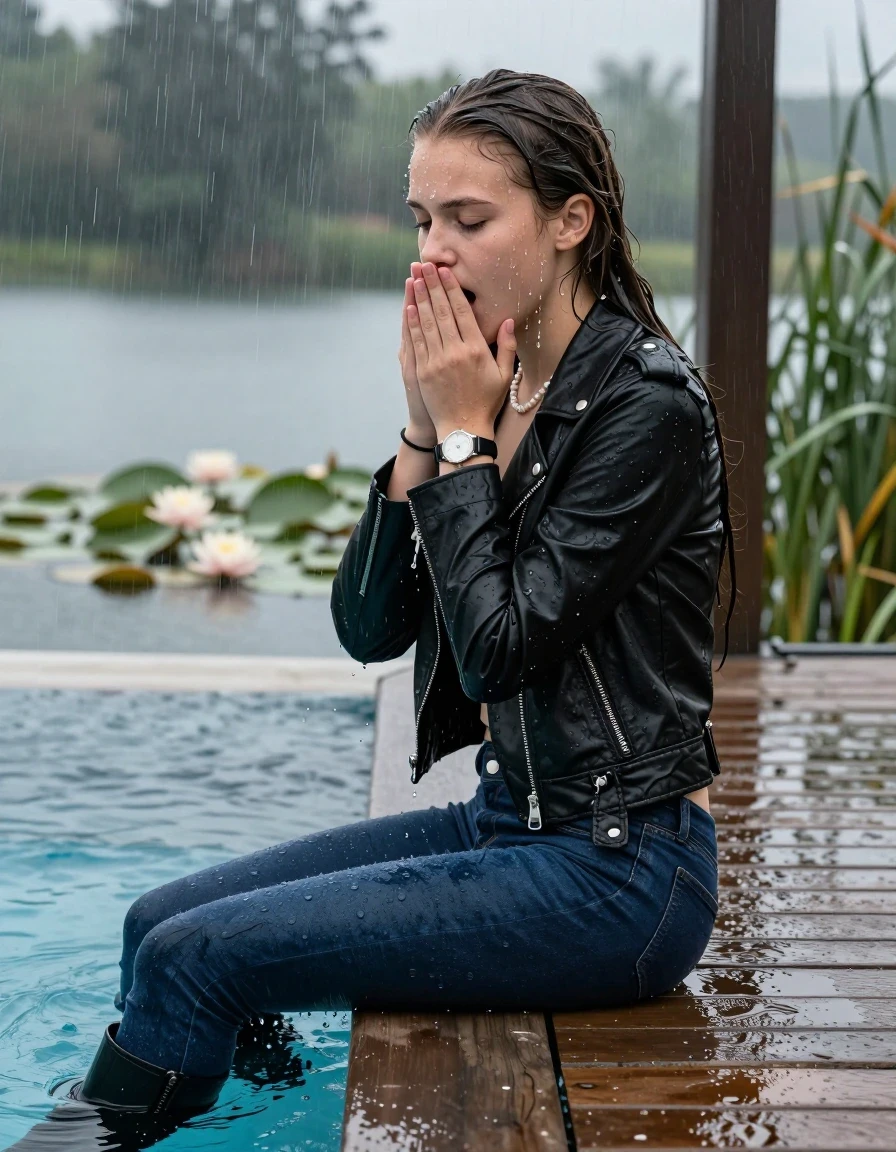 photo of young woman, in soaking wet, drenched clothes,
Black high boots, Dark blue levis skinny jeans, Black biker leatherjacket, Open jacket, tight v-neck sweater, shoulderbag, pearl necklace, bracelet, wristwatch, Orgasm in jetty by the lake with water lilies and reeds, 
enjoying, wet clothes stuck to body,
detailed textures of the wet clothes, wet face, wet plastered hair,
wet, drenched, professional, high-quality details, full body view.
sharp focus, ultra-high pixel detail, realistic, high-quality, full colors, incredibly detailed, 4k, 8k, 16k, hyper-realistic, RAW photo, masterpiece, ultra-detailed, professionally color graded, professional photograph, A realistic vertical fashion photograph taken from a backward, behind-the-back angle of a 12-year-old teenage girl sitting  in a glass-walled outdoor swimming pool, facing down to the camera to show her back. She is tilting her head at camera, letting the water drench her hair so it is glued flat against her head and body. She has a long sleek ponytail, completely saturated and dripping wet hair, with water cascading down her face and neck. Afraid and astonished Expression. Hold her hands over her mouth. Closed mouth, closed eyes. The lighting is bright and cinematic, highlighting the glistening water droplets on her skin and the saturated texture of her  casual clothes. Outside the large glass wall of the pool building, heavy rain is visible falling against the window. Soft, moody indoor lighting with reflections on the water. High-quality fashion photography style.
her clothing is soaking wet and clinging tightly to her skin, showing heavy wet folds, darkened fabric texture, and deep water-saturated Patches, her clothes are heavy from the water, water runs from her body and her clothes in streams. A lot of water also runs out of her clothes. Her clothes are darkened by the water. 
hyper-realistic wetness, high-contrast water sheen, sharp focus, 16k resolution, professional photography, realistic water physics., wet skin, wet clothes, damp fabric, wet skin, wet clothes, damp fabric, wet skin, wet clothes, damp fabric, wet skin, wet clothes, damp fabric, wet skin, wet clothes, damp fabric, wet skin, wet clothes, damp fabric, wet skin, wet clothes, damp fabric, wet skin, wet clothes, damp fabric, wet skin, wet clothes, damp fabric, wet skin, wet clothes, damp fabric, wet skin, wet clothes, damp fabric, wet skin, wet clothes, damp fabric, wet skin, wet clothes, damp fabric, wet skin, wet clothes, damp fabric, wet skin, wet clothes, damp fabric, wet skin, wet clothes, damp fabric, wet skin, wet clothes, damp fabric, wet skin, wet clothes, damp fabric, wet skin, wet clothes, damp fabric, wet skin, wet clothes, damp fabric, wet skin, wet clothes, damp fabric, wet skin, wet clothes, damp fabric