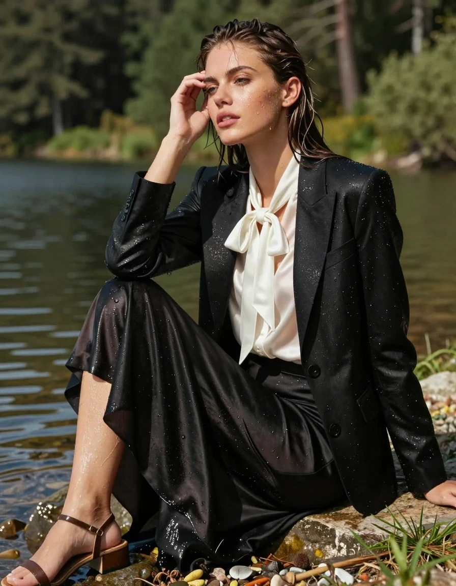 photo of young woman, in soaking wet, drenched clothes,
sandals, floor-length silk skirt, black blazer, white satin blouse, bowtie, forest next to a lake, 
enjoying, wet clothes stuck to body,
detailed textures of the wet clothes, wet face, wet plastered hair,
wet, drenched, professional, high-quality details, full body view.
sharp focus, ultra-high pixel detail, realistic, high-quality, full colors, incredibly detailed, 4k, 8k, 16k, hyper-realistic, RAW photo, masterpiece, ultra-detailed, professionally color graded, professional photograph, sunbathing in her clothes on the shore, wet skin, wet clothes, damp fabric