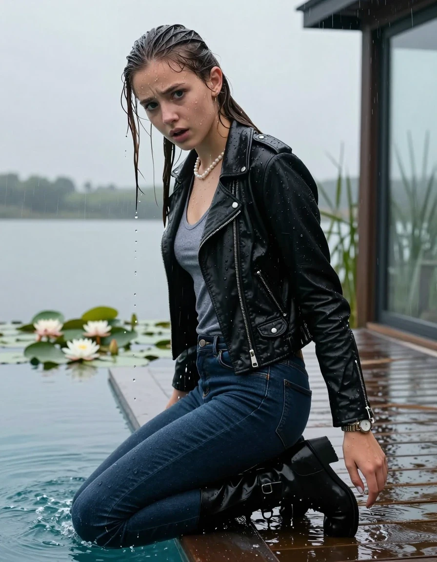 photo of young woman, in soaking wet, drenched clothes,
Black high boots, Dark blue levis skinny jeans, Black biker leatherjacket, Open jacket, tight v-neck sweater, shoulderbag, pearl necklace, bracelet, wristwatch, Orgasm in jetty by the lake with water lilies and reeds, 
enjoying, wet clothes stuck to body,
detailed textures of the wet clothes, wet face, wet plastered hair,
wet, drenched, professional, high-quality details, full body view.
sharp focus, ultra-high pixel detail, realistic, high-quality, full colors, incredibly detailed, 4k, 8k, 16k, hyper-realistic, RAW photo, masterpiece, ultra-detailed, professionally color graded, professional photograph, A realistic vertical fashion photograph taken from a backward, behind-the-back angle of a 12-year-old teenage girl falling  in a glass-walled outdoor swimming pool, facing down to the camera to show her back. She is tilting her head at camera, letting the water drench her hair so it is glued flat against her head and body. She has a long sleek ponytail, completely saturated and dripping wet hair, with water cascading down her face and neck. Afraid and astonished Expression. Closed mouth, big eyes. The lighting is bright and cinematic, highlighting the glistening water droplets on her skin and the saturated texture of her  casual clothes. Outside the large glass wall of the pool building, heavy rain is visible falling against the window. Soft, moody indoor lighting with reflections on the water. High-quality fashion photography style.
her clothing is soaking wet and clinging tightly to her skin, showing heavy wet folds, darkened fabric texture, and deep water-saturated Patches, her clothes are heavy from the water, water runs from her body and her clothes in streams. A lot of water also runs out of her clothes. Her clothes are darkened by the water. 
hyper-realistic wetness, high-contrast water sheen, sharp focus, 16k resolution, professional photography, realistic water physics., wet skin, wet clothes, damp fabric, wet skin, wet clothes, damp fabric, wet skin, wet clothes, damp fabric, wet skin, wet clothes, damp fabric, wet skin, wet clothes, damp fabric, wet skin, wet clothes, damp fabric, wet skin, wet clothes, damp fabric, wet skin, wet clothes, damp fabric, wet skin, wet clothes, damp fabric, wet skin, wet clothes, damp fabric, wet skin, wet clothes, damp fabric, wet skin, wet clothes, damp fabric, wet skin, wet clothes, damp fabric, wet skin, wet clothes, damp fabric, wet skin, wet clothes, damp fabric, wet skin, wet clothes, damp fabric, wet skin, wet clothes, damp fabric, wet skin, wet clothes, damp fabric, wet skin, wet clothes, damp fabric, wet skin, wet clothes, damp fabric, wet skin, wet clothes, damp fabric, wet skin, wet clothes, damp fabric, wet skin, wet clothes, damp fabric