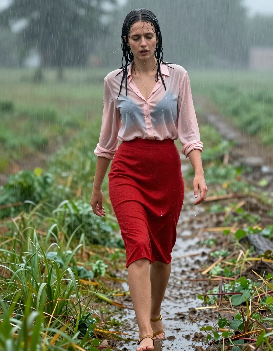 photo of young woman, in soaking wet, drenched clothes,
sandals, floor-length red kashmere skirt, stockings, light pink buttoned down blouse, fields during torrential downpour, 
enjoying, wet clothes stuck to body,
detailed textures of the wet clothes, wet face, wet plastered hair,
wet, drenched, professional, high-quality details, full body view.
sharp focus, ultra-high pixel detail, realistic, high-quality, full colors, incredibly detailed, 4k, 8k, 16k, hyper-realistic, RAW photo, masterpiece, ultra-detailed, professionally color graded, professional photograph, walking exhausted, wet skin, wet clothes, damp fabric, wet skin, wet clothes, damp fabric
