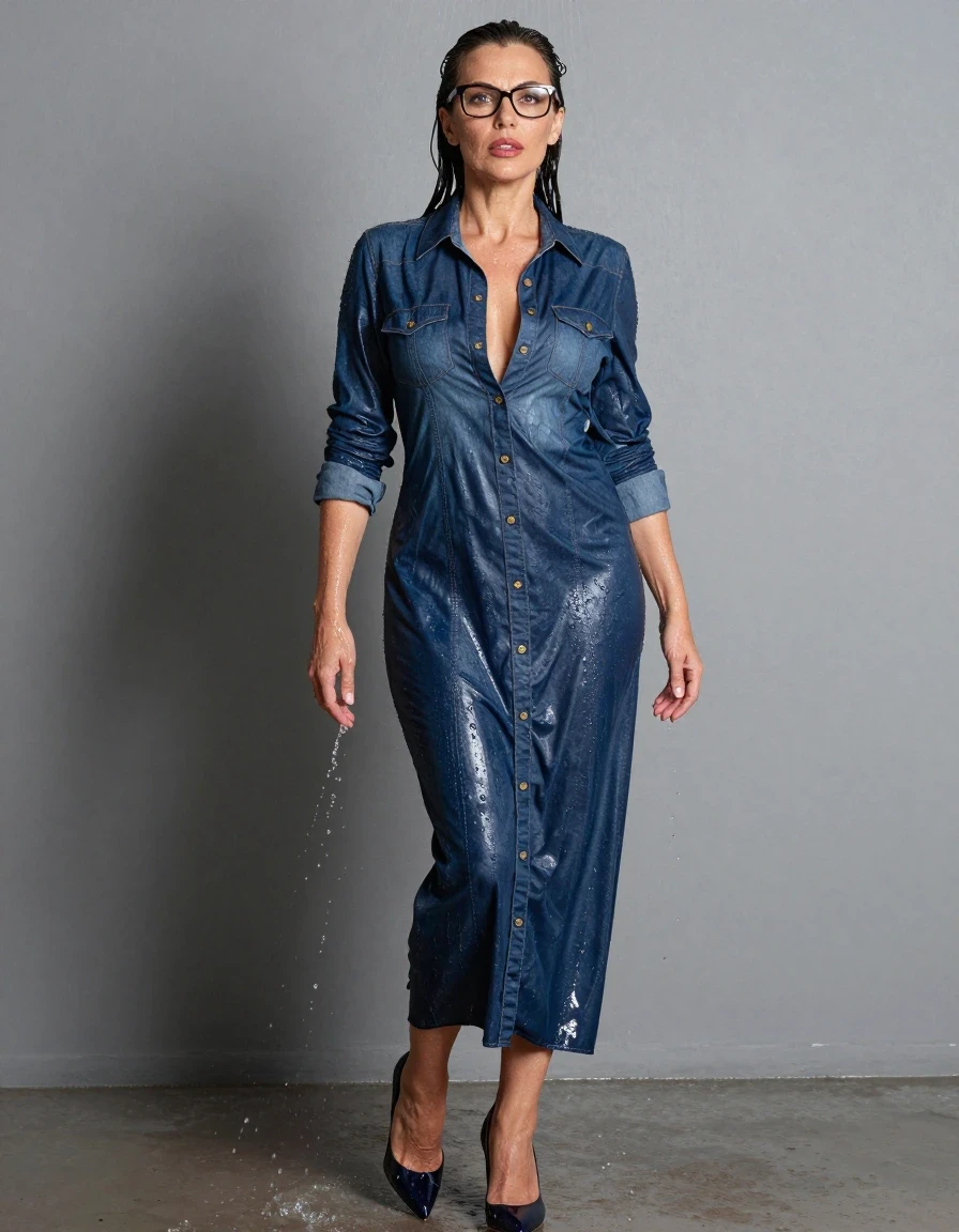 photo of young woman, in soaking wet, drenched clothes,
high-heeled shoes, maxi shiny dark blue denim shirt dress, maxi shiny dark blue denim shirt dress, splashing with the shower after bath , 
enjoying, wet clothes stuck to body,
detailed textures of the wet clothes, wet face, wet plastered hair,
wet, drenched, professional, high-quality details, full body view.
sharp focus, ultra-high pixel detail, realistic, high-quality, full colors, incredibly detailed, 4k, 8k, 16k, hyper-realistic, RAW photo, masterpiece, ultra-detailed, professionally color graded, professional photograph, europen brunette skinny woman 50 years old, long dark black hair, office glasses, very big and thick lips, complete body, wet skin, wet clothes, damp fabric, wet skin, wet clothes, damp fabric, wet skin, wet clothes, damp fabric, wet skin, wet clothes, damp fabric, wet skin, wet clothes, damp fabric, wet skin, wet clothes, damp fabric, wet skin, wet clothes, damp fabric