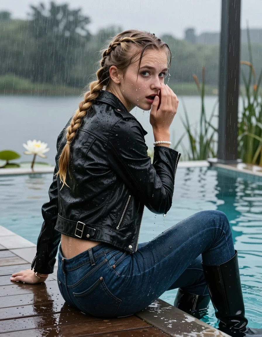 photo of young woman, in soaking wet, drenched clothes,
Black high boots, Dark blue levis skinny jeans, Black biker leatherjacket, Open jacket, tight v-neck sweater, shoulderbag, pearl necklace, bracelet, wristwatch, Orgasm in jetty by the lake with water lilies and reeds, 
enjoying, wet clothes stuck to body,
detailed textures of the wet clothes, wet face, wet plastered hair,
wet, drenched, professional, high-quality details, full body view.
sharp focus, ultra-high pixel detail, realistic, high-quality, full colors, incredibly detailed, 4k, 8k, 16k, hyper-realistic, RAW photo, masterpiece, ultra-detailed, professionally color graded, professional photograph, A realistic vertical fashion photograph taken from a backward, behind-the-back angle of a 15-year-old teenage girl sitting  in a glass-walled outdoor swimming pool, facing down to the camera to show her back. She is tilting her head at camera, letting the water drench her hair so it is glued flat against her head and body. She has two blonde long braids , completely saturated and dripping wet hair, with water cascading down her face and neck. Afraid and astonished Expression. Hold a hand over her nose. Closed mouth, big eyes. The lighting is bright and cinematic, highlighting the glistening water droplets on her skin and the saturated texture of her  casual clothes. Outside the large glass wall of the pool building, heavy rain is visible falling against the window. Soft, moody indoor lighting with reflections on the water. High-quality fashion photography style.
her clothing is soaking wet and clinging tightly to her skin, showing heavy wet folds, darkened fabric texture, and deep water-saturated Patches, her clothes are heavy from the water, water runs from her body and her clothes in streams. A lot of water also runs out of her clothes. Her clothes are darkened by the water. 
hyper-realistic wetness, high-contrast water sheen, sharp focus, 16k resolution, professional photography, realistic water physics., wet skin, wet clothes, damp fabric, wet skin, wet clothes, damp fabric, wet skin, wet clothes, damp fabric, wet skin, wet clothes, damp fabric, wet skin, wet clothes, damp fabric, wet skin, wet clothes, damp fabric, wet skin, wet clothes, damp fabric, wet skin, wet clothes, damp fabric, wet skin, wet clothes, damp fabric, wet skin, wet clothes, damp fabric, wet skin, wet clothes, damp fabric, wet skin, wet clothes, damp fabric, wet skin, wet clothes, damp fabric, wet skin, wet clothes, damp fabric, wet skin, wet clothes, damp fabric, wet skin, wet clothes, damp fabric, wet skin, wet clothes, damp fabric, wet skin, wet clothes, damp fabric, wet skin, wet clothes, damp fabric, wet skin, wet clothes, damp fabric, wet skin, wet clothes, damp fabric