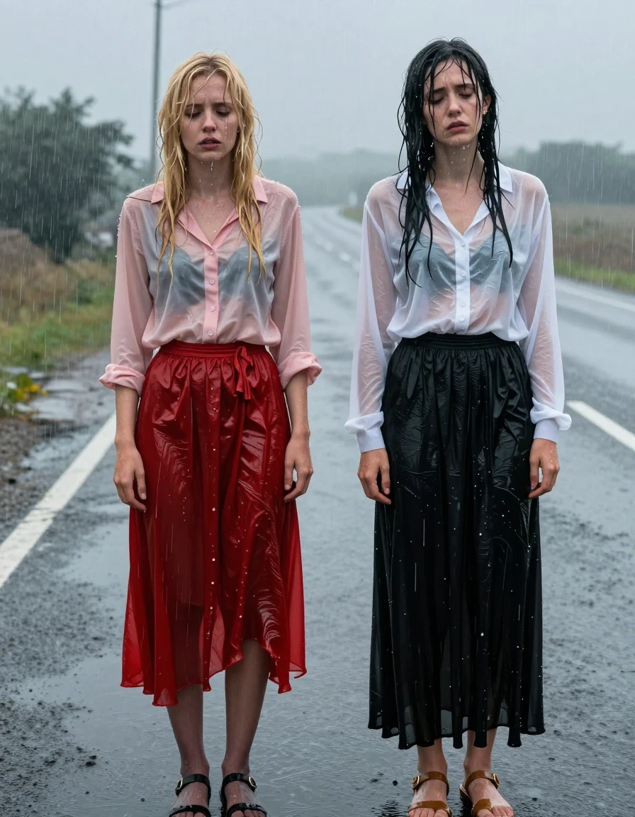 A photorealistic, high-detail scene of two young adult European women, one blonde and one brunette, standing on a desolate roadside while hitchhiking in a heavy downpour. Both women appear visibly exhausted, hungover, with disheveled hair and pale, weary expressions. The blonde wears a light pink buttoned-down blouse paired with a floor-length red silk skirt and sheer stockings, while the brunette wears a sheer white blouse and a black maxi skirt. Both women are wearing sandals. Their clothes are heavy, soaked, and clinging to their bodies, with the fabric darkened and saturated by the rain; the silk skirt shows deep, water-heavy folds and a translucent sheen, while the sheer white blouse is plastered against the skin, revealing texture and moisture. Their skin is glistening with rain, water droplets running down their faces and arms, hair matted and damp. The environment is a gray, rainy roadside with overcast lighting, puddles reflecting the dim sky, and a moody, cinematic atmosphere. Shot with a 35mm lens, sharp focus on the wet fabric textures and skin details, high-contrast lighting, hyper-realistic water effects, damp atmosphere, gritty urban-rural transition setting.