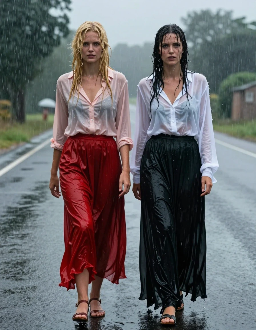 A photorealistic medium shot of a young adult European blonde woman and a brunette woman hitchhiking on the shoulder of a desolate road during a heavy rainstorm. The blonde woman is wearing a light pink buttoned-down blouse and a floor-length red silk skirt with stockings and sandals, while the brunette woman wears a sheer white blouse and a black maxi skirt. Both women have glistening wet skin, drenched hair, and damp, clinging clothing that adheres to their bodies. The rain-soaked fabrics appear translucent and darkened, with heavy folds, clinging textures, and a visible water sheen. The scene captures them standing on the asphalt, water droplets running down their faces and arms, with a moody, overcast atmosphere, cinematic lighting, high-contrast reflections on the wet road surface, shot on 35mm lens, hyper-realistic skin texture, wet-look aesthetic, sharp focus on the subjects, raindrops mid-air, atmospheric depth.
