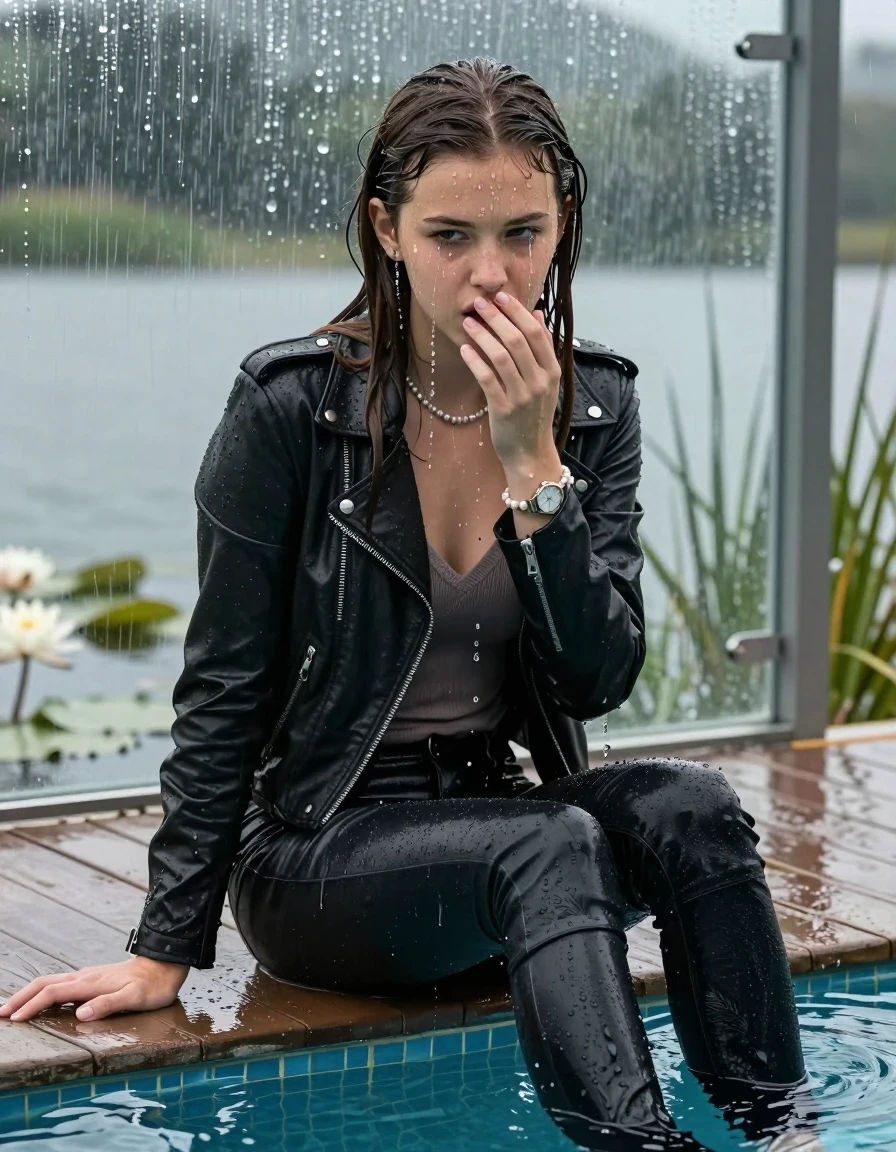 photo of young woman, in soaking wet, drenched clothes,
Black high boots, Dark tight levis skinny jeans, Black biker leatherjacket, tight v-neck sweater, shoulderbag, pearl necklace, bracelet, wristwatch, jetty by the lake with water lilies and reeds, 
enjoying, wet clothes stuck to body,
detailed textures of the wet clothes, wet face, wet plastered hair,
wet, drenched, professional, high-quality details, full body view.
sharp focus, ultra-high pixel detail, realistic, high-quality, full colors, incredibly detailed, 4k, 8k, 16k, hyper-realistic, RAW photo, masterpiece, ultra-detailed, professionally color graded, professional photograph, A realistic vertical fashion photograph taken from a backward, behind-the-back angle of a Young horny 12-year-old teengirl sitting  and slides in a glass-walled outdoor swimming pool, facing directly to the camera to show her back. 

She is tilting her head at camera, letting the water drench her hair so it is glued flat against her head and body. 
She has  brunette sleek long hair with hairband completely saturated and dripping wet hair, with water cascading down her face and neck. Shy and insecure expression. Hold her hands over her mouth. Slight Open mouth, half closed eyes. 

The lighting is bright and cinematic, highlighting the glistening water droplets and the saturated texture of her  casual clothes. Outside the large glass wall of the pool building, heavy rain is visible falling against the window. Soft, moody indoor lighting with reflections on the water. High-quality fashion photography style.
her clothing is soaking wet and clinging tightly to her skin, showing heavy wet folds, darkened fabric texture, and deep water-saturated Patches, her clothes are heavy from the water, water runs from her body and her clothes in streams. A lot of water also runs out of her clothes. Her clothes are darkened by the water. 
hyper-realistic wetness, high-contrast water sheen, sharp focus, 16k resolution, professional photography, realistic water physics., wet skin, wet clothes, damp fabric., wet skin, wet clothes, damp fabric, wet skin, wet clothes, damp fabric, wet skin, wet clothes, damp fabric, wet skin, wet clothes, damp fabric, wet skin, wet clothes, damp fabric, wet skin, wet clothes, damp fabric, wet skin, wet clothes, damp fabric, wet skin, wet clothes, damp fabric, wet skin, wet clothes, damp fabric