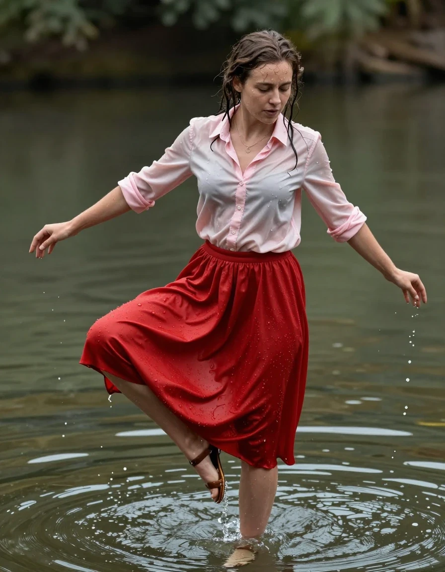 photo of young woman, in soaking wet, drenched clothes,
sandals, floor-length red kashmere skirt, light pink buttoned down blouse, pond, 
enjoying, wet clothes stuck to body,
detailed textures of the wet clothes, wet face, wet plastered hair,
wet, drenched, professional, high-quality details, full body view.
sharp focus, ultra-high pixel detail, realistic, high-quality, full colors, incredibly detailed, 4k, 8k, 16k, hyper-realistic, RAW photo, masterpiece, ultra-detailed, professionally color graded, professional photograph, jumping, dancing in the water, wet skin, wet clothes, damp fabric