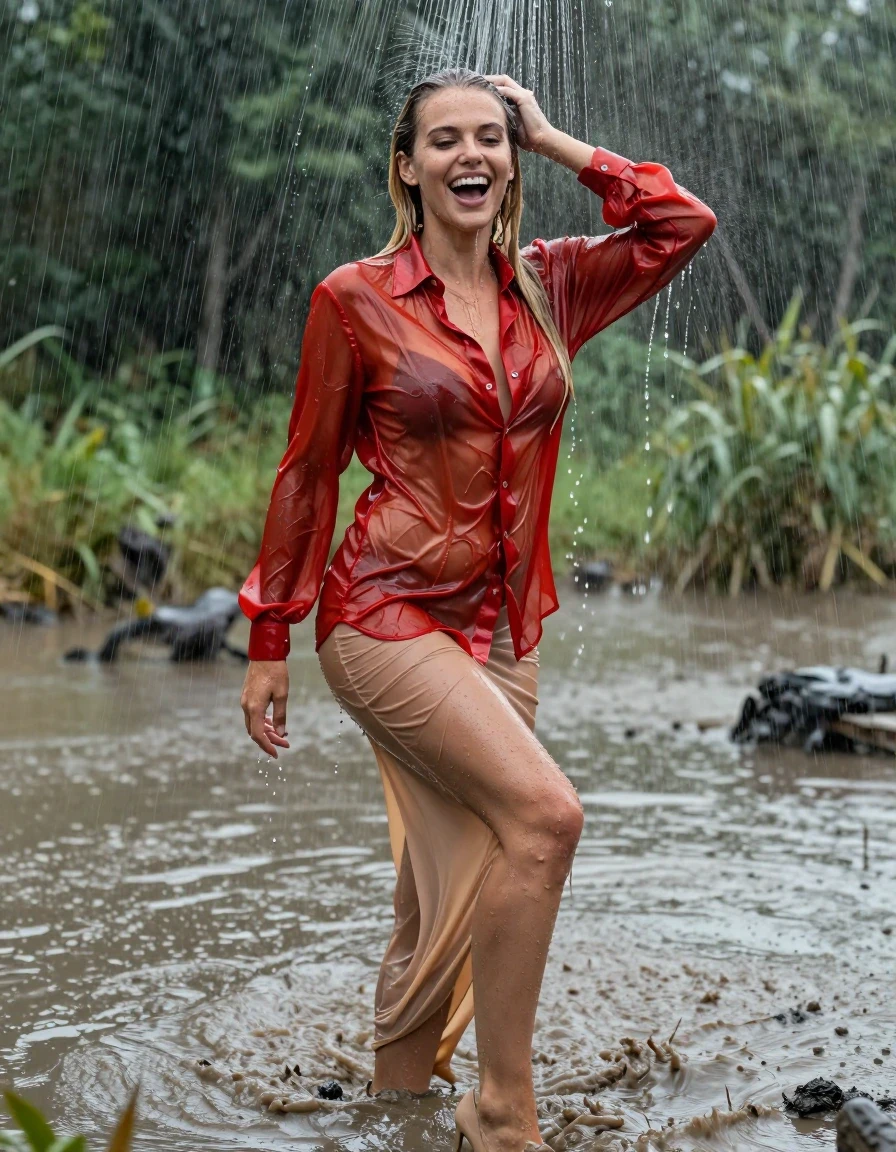 photo of young woman, in soaking wet, drenched clothes,
pumps, high-heels, transparent nude slim floor-length satin skirt, no underwear, transparent tomatenrot oversized satin long blouse, see-through, kein BH, mudbath, swamp, waves, heavy rain, 
enjoying, wet clothes stuck to body,
detailed textures of the wet clothes, wet face, wet plastered hair,
wet, drenched, professional, high-quality details, full body view.
sharp focus, ultra-high pixel detail, realistic, high-quality, full colors, incredibly detailed, 4k, 8k, 16k, hyper-realistic, RAW photo, masterpiece, ultra-detailed, professionally color graded, professional photograph, muddy water, laughing, blond hair, shower, collar, long sleeves, buttoned, wet hair, long hair, soaking wet blouse,  full body view,  side view, drenched clothes, shower, wet skin, wet clothes, soaking wet fabric, pouring water on head,
kein BH, sichtbare Brüste, im wasser stehen, Blick zur Kamera, wet skin, wet clothes, damp fabric