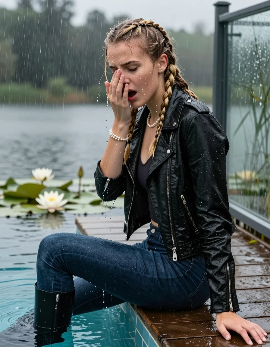 photo of young woman, in soaking wet, drenched clothes,
Black high boots, Dark blue levis skinny jeans, Black biker leatherjacket, Open jacket, tight v-neck sweater, shoulderbag, pearl necklace, bracelet, wristwatch, Orgasm in jetty by the lake with water lilies and reeds, 
enjoying, wet clothes stuck to body,
detailed textures of the wet clothes, wet face, wet plastered hair,
wet, drenched, professional, high-quality details, full body view.
sharp focus, ultra-high pixel detail, realistic, high-quality, full colors, incredibly detailed, 4k, 8k, 16k, hyper-realistic, RAW photo, masterpiece, ultra-detailed, professionally color graded, professional photograph, A realistic vertical fashion photograph taken from a backward, behind-the-back angle of a 15-year-old teenage girl sitting  in a glass-walled outdoor swimming pool, facing down to the camera to show her back. She is tilting her head at camera, letting the water drench her hair so it is glued flat against her head and body. She has two blonde long braids , completely saturated and dripping wet hair, with water cascading down her face and neck. Afraid and astonished Expression. Cover her nose . Open mouth, closed eyes. The lighting is bright and cinematic, highlighting the glistening water droplets on her skin and the saturated texture of her  casual clothes. Outside the large glass wall of the pool building, heavy rain is visible falling against the window. Soft, moody indoor lighting with reflections on the water. High-quality fashion photography style.
her clothing is soaking wet and clinging tightly to her skin, showing heavy wet folds, darkened fabric texture, and deep water-saturated Patches, her clothes are heavy from the water, water runs from her body and her clothes in streams. A lot of water also runs out of her clothes. Her clothes are darkened by the water. 
hyper-realistic wetness, high-contrast water sheen, sharp focus, 16k resolution, professional photography, realistic water physics., wet skin, wet clothes, damp fabric, wet skin, wet clothes, damp fabric, wet skin, wet clothes, damp fabric, wet skin, wet clothes, damp fabric, wet skin, wet clothes, damp fabric, wet skin, wet clothes, damp fabric, wet skin, wet clothes, damp fabric, wet skin, wet clothes, damp fabric, wet skin, wet clothes, damp fabric, wet skin, wet clothes, damp fabric, wet skin, wet clothes, damp fabric, wet skin, wet clothes, damp fabric, wet skin, wet clothes, damp fabric, wet skin, wet clothes, damp fabric, wet skin, wet clothes, damp fabric, wet skin, wet clothes, damp fabric, wet skin, wet clothes, damp fabric, wet skin, wet clothes, damp fabric, wet skin, wet clothes, damp fabric, wet skin, wet clothes, damp fabric, wet skin, wet clothes, damp fabric