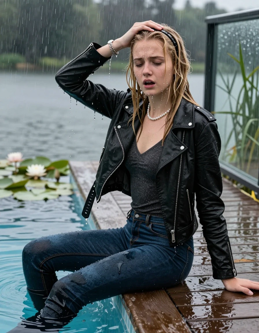 photo of young woman, in soaking wet, drenched clothes,
Black high boots, Dark blue levis skinny jeans, Black biker leatherjacket, Open jacket, tight v-neck sweater, shoulderbag, pearl necklace, bracelet, wristwatch, Orgasm in jetty by the lake with water lilies and reeds, 
enjoying, wet clothes stuck to body,
detailed textures of the wet clothes, wet face, wet plastered hair,
wet, drenched, professional, high-quality details, full body view.
sharp focus, ultra-high pixel detail, realistic, high-quality, full colors, incredibly detailed, 4k, 8k, 16k, hyper-realistic, RAW photo, masterpiece, ultra-detailed, professionally color graded, professional photograph, A realistic vertical fashion photograph taken from a backward, behind-the-back angle of a 12-year-old teenage girl sitting  in a glass-walled outdoor swimming pool, facing down to the camera to show her back. She is tilting her head at camera, letting the water drench her hair so it is glued flat against her head and body. She has blonde long sleek hair with birkin bangs and hairband, completely saturated and dripping wet hair, with water cascading down her face and neck. Afraid and astonished Expression. Hold her hands on her forehead. Closed mouth, closed eyes. The lighting is bright and cinematic, highlighting the glistening water droplets on her skin and the saturated texture of her  casual clothes. Outside the large glass wall of the pool building, heavy rain is visible falling against the window. Soft, moody indoor lighting with reflections on the water. High-quality fashion photography style.
her clothing is soaking wet and clinging tightly to her skin, showing heavy wet folds, darkened fabric texture, and deep water-saturated Patches, her clothes are heavy from the water, water runs from her body and her clothes in streams. A lot of water also runs out of her clothes. Her clothes are darkened by the water. 
hyper-realistic wetness, high-contrast water sheen, sharp focus, 16k resolution, professional photography, realistic water physics., wet skin, wet clothes, damp fabric, wet skin, wet clothes, damp fabric, wet skin, wet clothes, damp fabric, wet skin, wet clothes, damp fabric, wet skin, wet clothes, damp fabric, wet skin, wet clothes, damp fabric, wet skin, wet clothes, damp fabric, wet skin, wet clothes, damp fabric, wet skin, wet clothes, damp fabric, wet skin, wet clothes, damp fabric, wet skin, wet clothes, damp fabric, wet skin, wet clothes, damp fabric, wet skin, wet clothes, damp fabric, wet skin, wet clothes, damp fabric, wet skin, wet clothes, damp fabric, wet skin, wet clothes, damp fabric, wet skin, wet clothes, damp fabric, wet skin, wet clothes, damp fabric, wet skin, wet clothes, damp fabric, wet skin, wet clothes, damp fabric, wet skin, wet clothes, damp fabric, wet skin, wet clothes, damp fabric