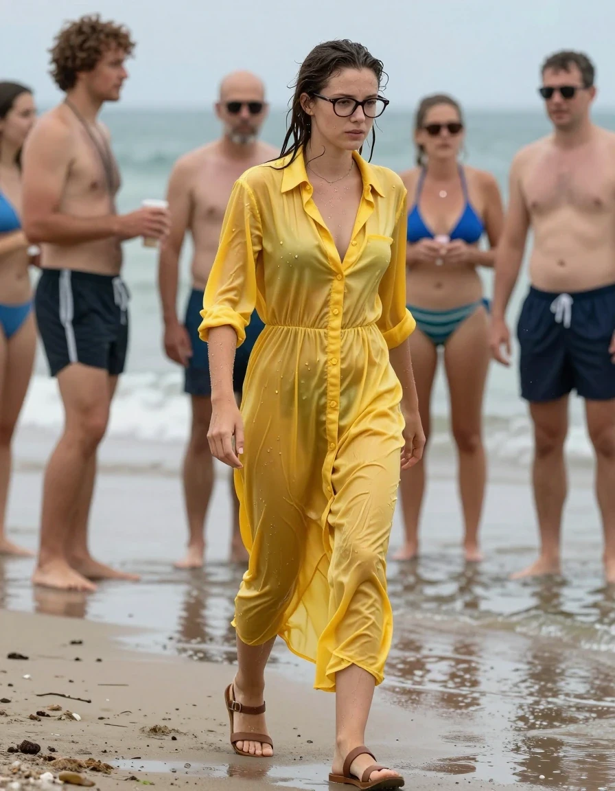 photo of young woman, in soaking wet, drenched clothes,
sandals, floor-length buttoned down yellow silk dress, nerdy glasses, floor-length buttoned down yellow silk dress, beach, 
enjoying, wet clothes stuck to body,
detailed textures of the wet clothes, wet face, wet plastered hair,
wet, drenched, professional, high-quality details, full body view.
sharp focus, ultra-high pixel detail, realistic, high-quality, full colors, incredibly detailed, 4k, 8k, 16k, hyper-realistic, RAW photo, masterpiece, ultra-detailed, professionally color graded, professional photograph, swimming in her clothes, people are staring at her, wet skin, wet clothes, damp fabric