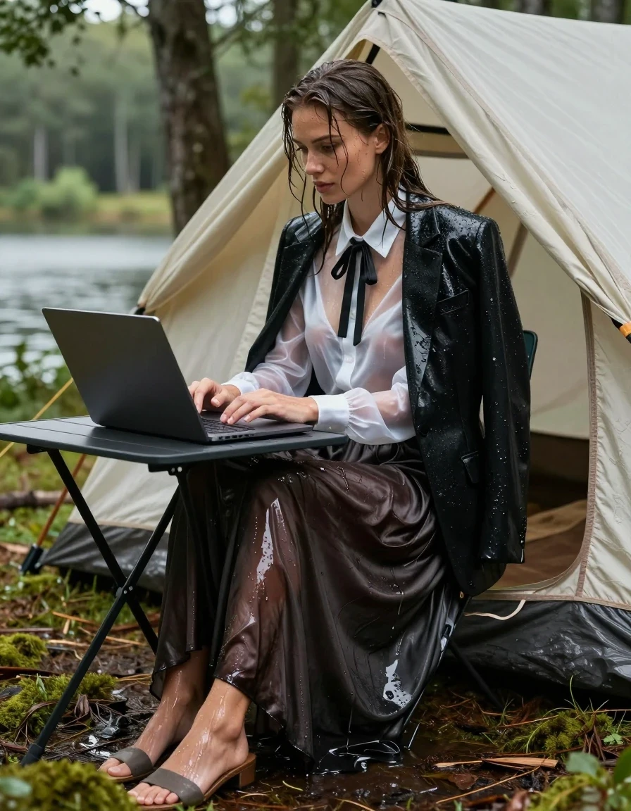 A young adult European woman working in a mobile home office set up inside an open-flapped canvas tent, positioned on the mossy forest floor next to a serene lake shore. She is completely drenched, with wet hair plastered to her scalp and water-slicked skin. She wears a soaking-wet black blazer draped over a translucent, water-saturated white satin blouse that clings to her torso, accented by a dripping black bowtie. Her floor-length silk skirt is heavy with water, clinging to her legs and darkening significantly, showing deep folds and a liquid sheen. She wears open-toed sandals on her wet feet. The scene is filled with realistic wetness: dark, heavy fabric, visible water weight, and strong specular highlights from the damp environment. She is focused on a laptop on a small folding table. Cinematic lighting filters through the forest canopy, creating soft reflections on her drenched attire. Photorealistic, 8k, highly detailed textures, captured with a 35mm lens, sharp focus on the subject and the soaked fabric.