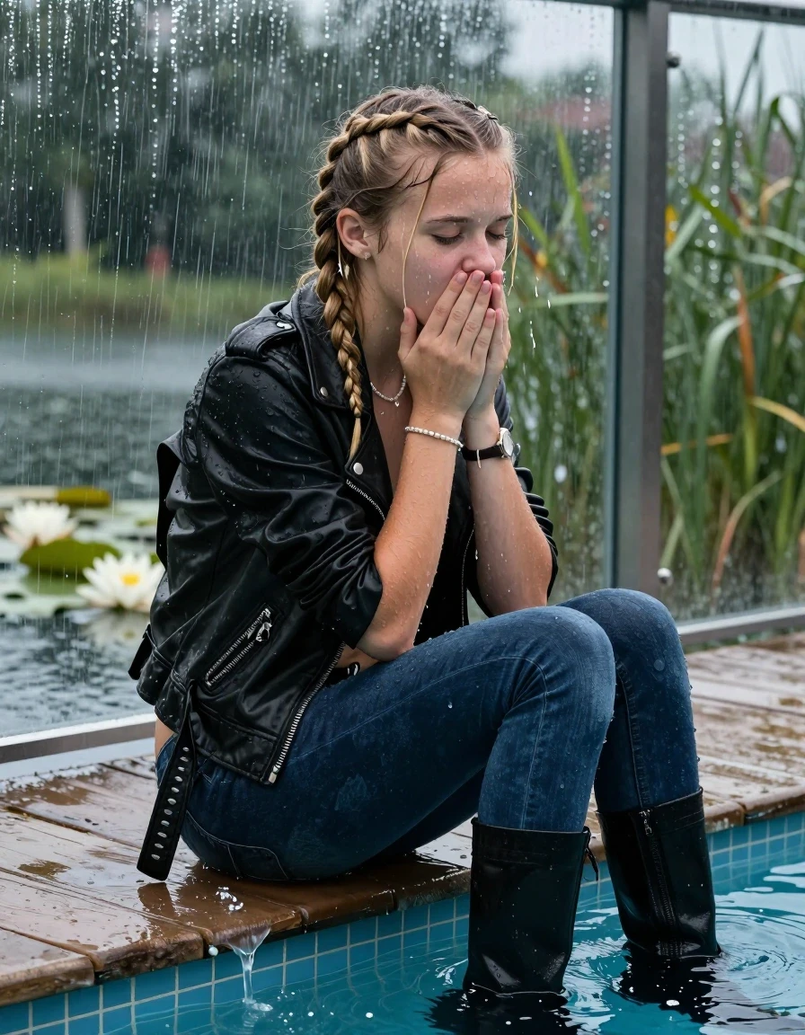 photo of young woman, in soaking wet, drenched clothes,
Black high boots, Dark blue levis skinny jeans, Black biker leatherjacket, Open jacket, tight v-neck sweater, shoulderbag, pearl necklace, bracelet, wristwatch, Orgasm in jetty by the lake with water lilies and reeds, 
enjoying, wet clothes stuck to body,
detailed textures of the wet clothes, wet face, wet plastered hair,
wet, drenched, professional, high-quality details, full body view.
sharp focus, ultra-high pixel detail, realistic, high-quality, full colors, incredibly detailed, 4k, 8k, 16k, hyper-realistic, RAW photo, masterpiece, ultra-detailed, professionally color graded, professional photograph, A realistic vertical fashion photograph taken from a backward, behind-the-back angle of a 12-year-old teenage girl sitting  in a glass-walled outdoor swimming pool, facing down to the camera to show her back. She is tilting her head at camera, letting the water drench her hair so it is glued flat against her head and body. She has two blonde long braids , completely saturated and dripping wet hair, with water cascading down her face and neck. Afraid and astonished Expression. Hold her hands over her mouth. Closed mouth, closed eyes. The lighting is bright and cinematic, highlighting the glistening water droplets on her skin and the saturated texture of her  casual clothes. Outside the large glass wall of the pool building, heavy rain is visible falling against the window. Soft, moody indoor lighting with reflections on the water. High-quality fashion photography style.
her clothing is soaking wet and clinging tightly to her skin, showing heavy wet folds, darkened fabric texture, and deep water-saturated Patches, her clothes are heavy from the water, water runs from her body and her clothes in streams. A lot of water also runs out of her clothes. Her clothes are darkened by the water. 
hyper-realistic wetness, high-contrast water sheen, sharp focus, 16k resolution, professional photography, realistic water physics., wet skin, wet clothes, damp fabric, wet skin, wet clothes, damp fabric, wet skin, wet clothes, damp fabric, wet skin, wet clothes, damp fabric, wet skin, wet clothes, damp fabric, wet skin, wet clothes, damp fabric, wet skin, wet clothes, damp fabric, wet skin, wet clothes, damp fabric, wet skin, wet clothes, damp fabric, wet skin, wet clothes, damp fabric, wet skin, wet clothes, damp fabric, wet skin, wet clothes, damp fabric, wet skin, wet clothes, damp fabric, wet skin, wet clothes, damp fabric, wet skin, wet clothes, damp fabric, wet skin, wet clothes, damp fabric, wet skin, wet clothes, damp fabric, wet skin, wet clothes, damp fabric, wet skin, wet clothes, damp fabric, wet skin, wet clothes, damp fabric, wet skin, wet clothes, damp fabric, wet skin, wet clothes, damp fabric