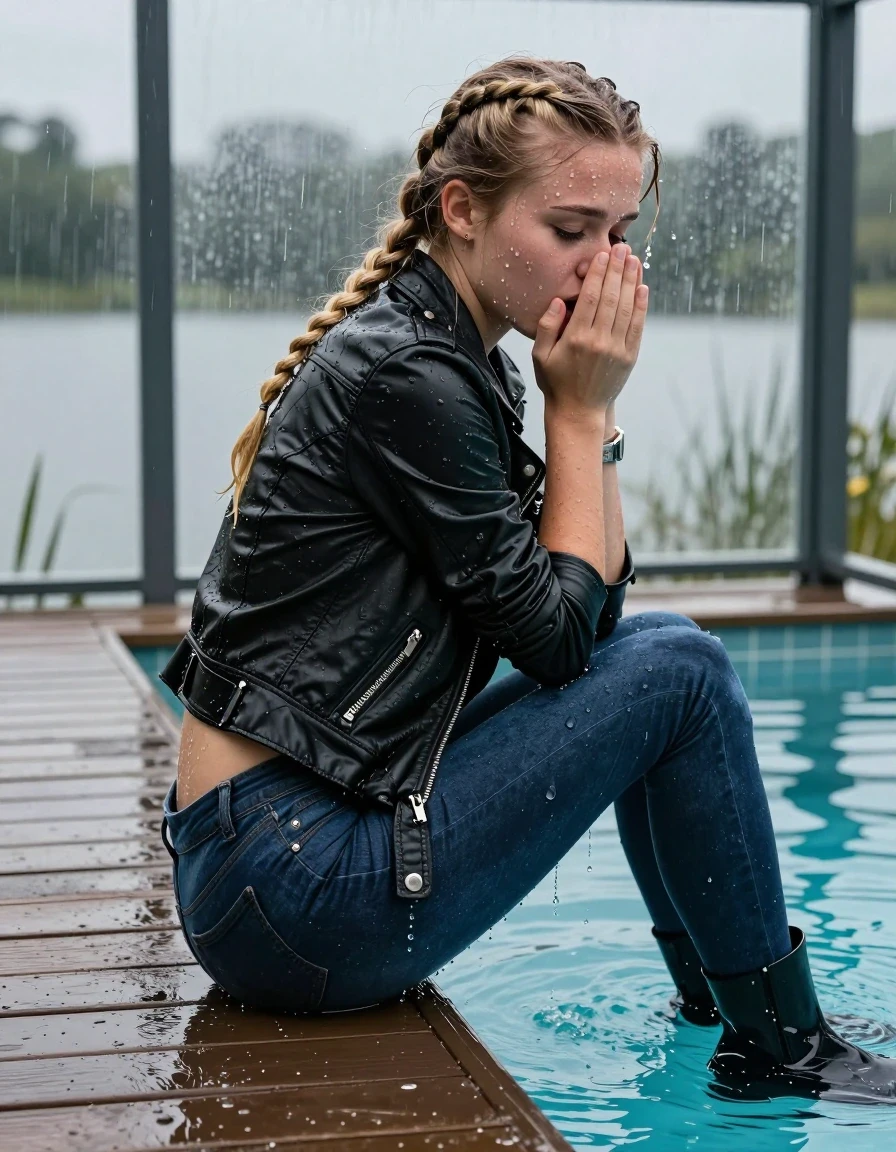 photo of young woman, in soaking wet, drenched clothes,
Black high boots, Dark blue levis skinny jeans, Black biker leatherjacket, Open jacket, tight v-neck sweater, shoulderbag, pearl necklace, bracelet, wristwatch, Orgasm in jetty by the lake with water lilies and reeds, 
enjoying, wet clothes stuck to body,
detailed textures of the wet clothes, wet face, wet plastered hair,
wet, drenched, professional, high-quality details, full body view.
sharp focus, ultra-high pixel detail, realistic, high-quality, full colors, incredibly detailed, 4k, 8k, 16k, hyper-realistic, RAW photo, masterpiece, ultra-detailed, professionally color graded, professional photograph, A realistic vertical fashion photograph taken from a backward, behind-the-back angle of a 15-year-old teenage girl sitting  and Diving in a glass-walled outdoor swimming pool, facing down to the camera to show her back. She is tilting her head up at camera, letting the water drench her hair so it is glued flat against her head and body. She has two blonde long braids , completely saturated and dripping wet hair, with water cascading down her face and neck. Afraid and astonished Expression. Cover her nose with a hand. Closed mouth, closed eyes. The lighting is bright and cinematic, highlighting the glistening water droplets on her skin and the saturated texture of her  casual clothes. Outside the large glass wall of the pool building, heavy rain is visible falling against the window. Soft, moody indoor lighting with reflections on the water. High-quality fashion photography style.
her clothing is soaking wet and clinging tightly to her skin, showing heavy wet folds, darkened fabric texture, and deep water-saturated Patches, her clothes are heavy from the water, water runs from her body and her clothes in streams. A lot of water also runs out of her clothes. Her clothes are darkened by the water. 
hyper-realistic wetness, high-contrast water sheen, sharp focus, 16k resolution, professional photography, realistic water physics., wet skin, wet clothes, damp fabric, wet skin, wet clothes, damp fabric, wet skin, wet clothes, damp fabric, wet skin, wet clothes, damp fabric, wet skin, wet clothes, damp fabric, wet skin, wet clothes, damp fabric, wet skin, wet clothes, damp fabric, wet skin, wet clothes, damp fabric, wet skin, wet clothes, damp fabric, wet skin, wet clothes, damp fabric, wet skin, wet clothes, damp fabric, wet skin, wet clothes, damp fabric, wet skin, wet clothes, damp fabric, wet skin, wet clothes, damp fabric, wet skin, wet clothes, damp fabric, wet skin, wet clothes, damp fabric, wet skin, wet clothes, damp fabric, wet skin, wet clothes, damp fabric, wet skin, wet clothes, damp fabric, wet skin, wet clothes, damp fabric, wet skin, wet clothes, damp fabric