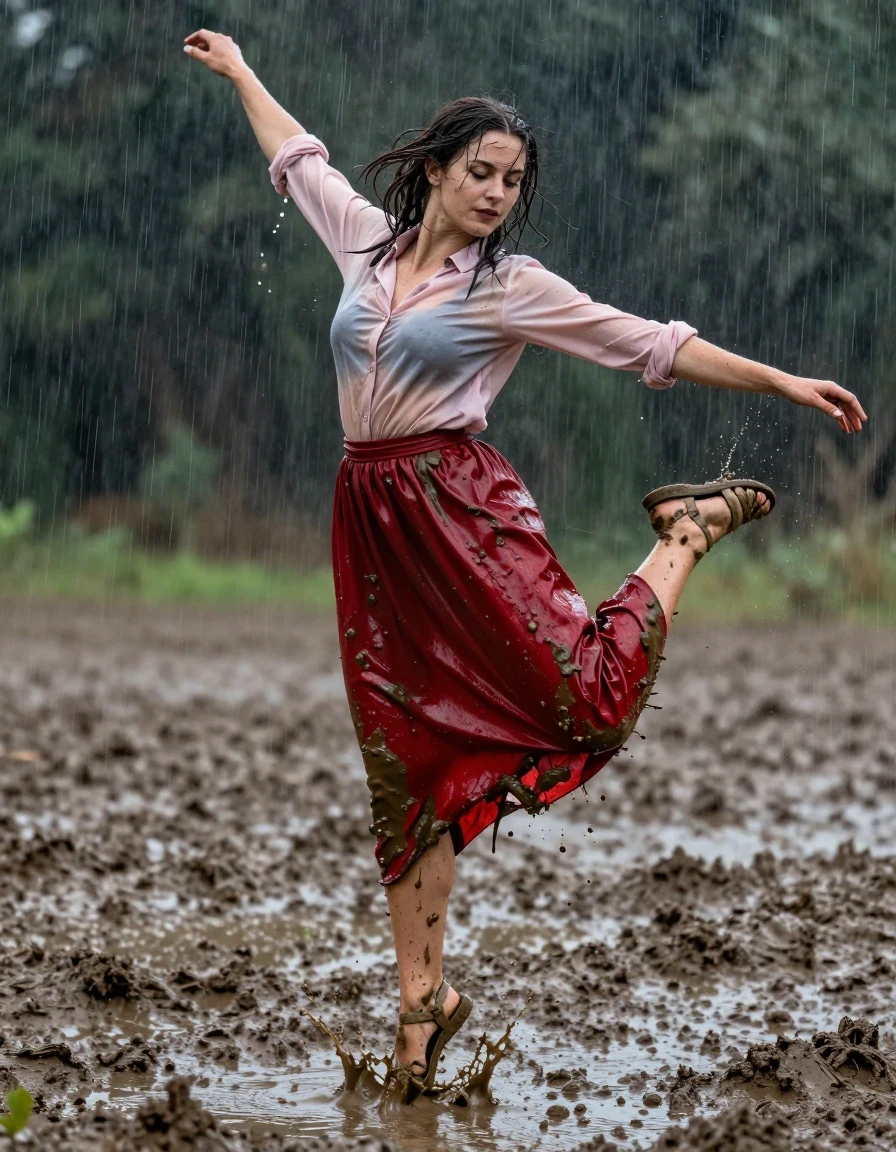 A young adult European woman in a dynamic mid-air pose, captured mid-jump and dancing amidst a rain-soaked field. She is wearing a light pink buttoned-down blouse that is clinging to her skin, darkened and translucent from heavy rainfall, and a floor-length red cashmere skirt that is weighed down, heavy with mud and water, showing deep, saturated crimson hues, clinging to her legs, and dragging through the thick, wet earth. She wears simple sandals caked in mud. Her skin and hair are glistening with water, featuring realistic wet textures and sheen. The environment is a muddy, rain-drenched field with scattered puddles and churned earth. The lighting is moody and overcast, creating high-contrast specular reflections on the wet fabric, skin, and mud. Photorealistic, 8k resolution, cinematic composition, sharp focus on the textures of the soaked cashmere and the splashing mud around her feet.
