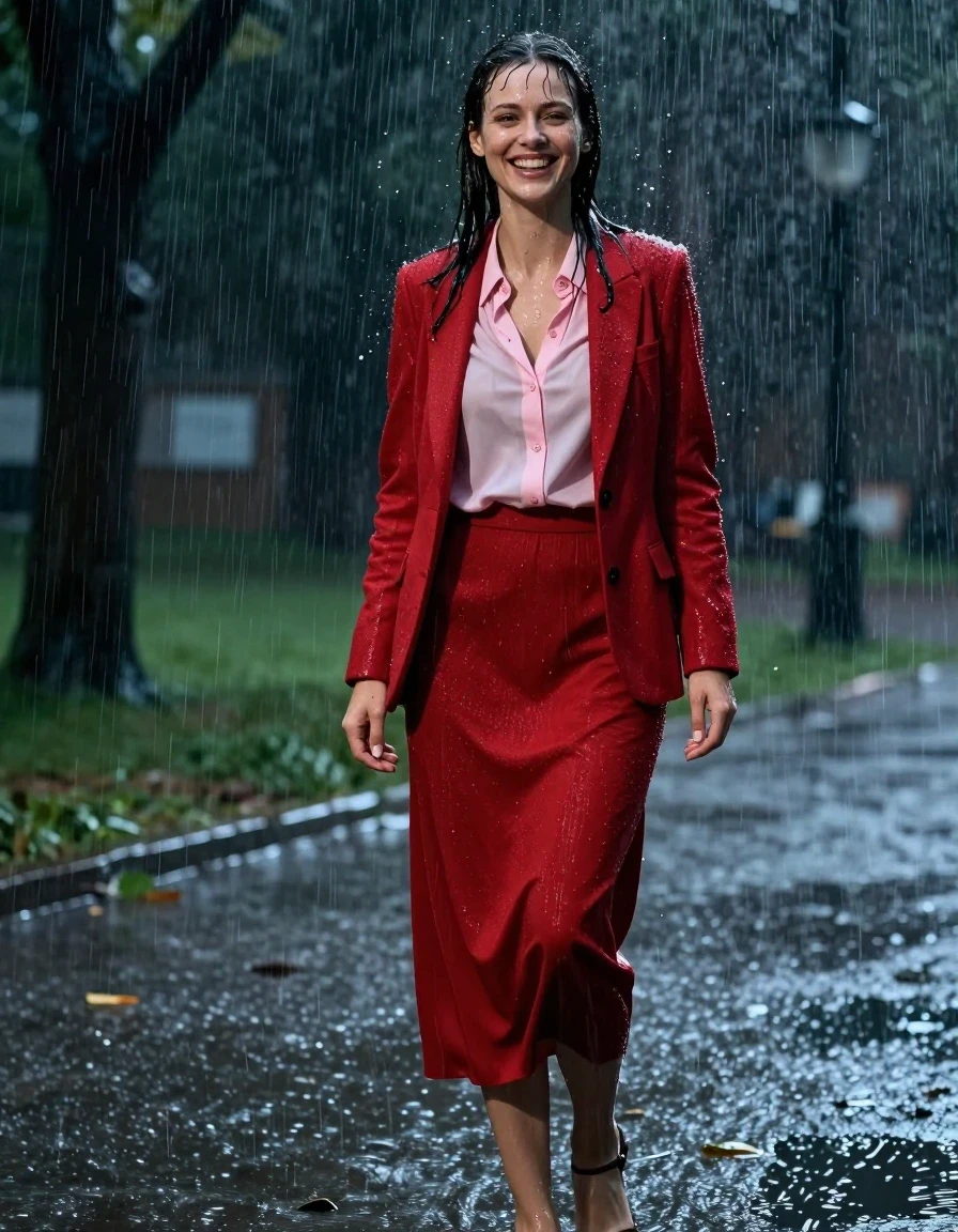 A photorealistic full-body shot of a young adult European woman standing in a park at night during a torrential downpour, expressing genuine happiness as she enjoys the rain. She is wearing a light pink buttoned-down blouse with a pussy bow, layered under a vibrant red cashmere blazer, paired with a floor-length red cashmere skirt and delicate stockings, finished with elegant sandals. Her skin and hair are drenched, glistening with water sheen and droplets. The cashmere fabrics are visibly soaked, clinging to her form with heavy, damp folds, darkened in color, and showing realistic water-saturated textures. The scene is illuminated by the cool, moody ambient light of the park at night, capturing the intense downpour, water splashing on the ground, and the woman's joyful expression. High-detail photography, sharp focus, cinematic lighting, realistic wet-look textures.