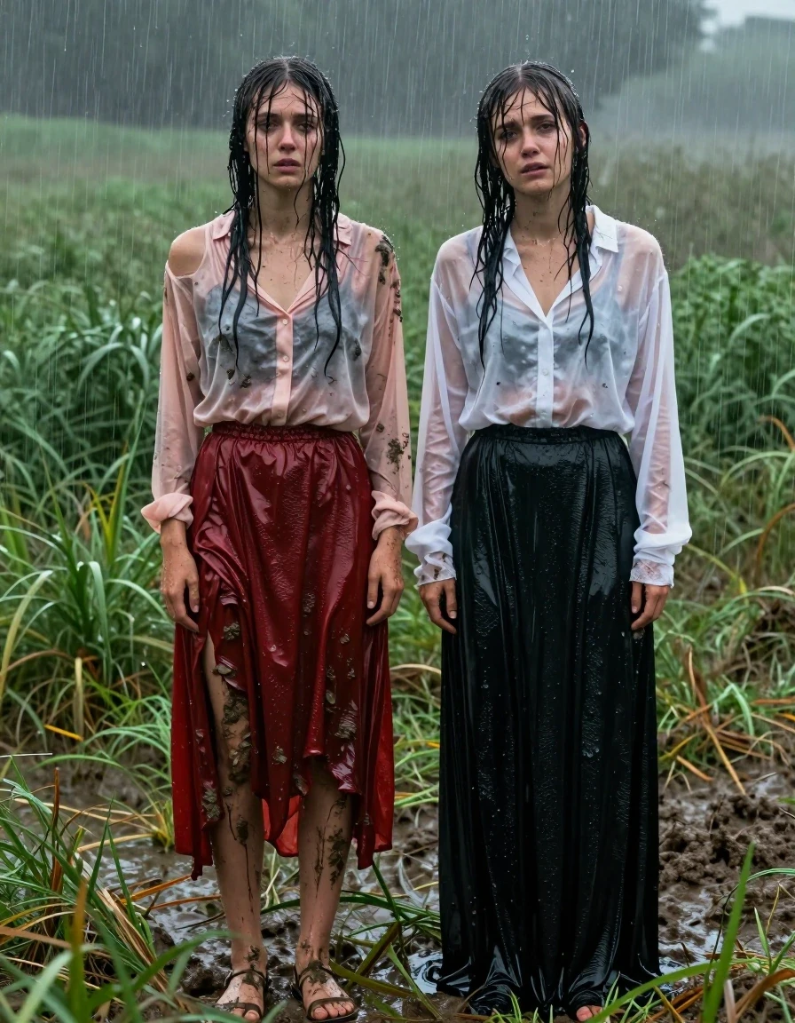 A hyper-realistic wide shot of two exhausted, disheveled young adult European women standing in a vast field during a heavy downpour. Both women are covered in streaks of mud and grime, their skin glistening with rain, hair matted and plastered to their faces and necks. The first woman wears a light pink buttoned-down blouse, now translucent and clinging to her skin from the rain, paired with a floor-length red silk skirt that is heavy, darkened, and soaked through, clinging to her legs with deep, wet folds. She wears sheer stockings and simple sandals. The second woman stands beside her, wearing a sheer white blouse that is completely saturated and clinging to her frame, paired with a long black maxi skirt that is heavy with water, dragging in the mud, and displaying deep, wet textures. Both women look physically drained, with weary expressions and slumped postures. The field is lush and muddy, with tall grass flattened by the relentless rain. Cinematic lighting captures the sharp, cold droplets, water sheen on their skin, and the rich, dark tones of their drenched fabrics. Shot on 35mm lens, high-contrast, moody atmosphere, wet-look aesthetic, sharp details on fabric weave and skin texture.