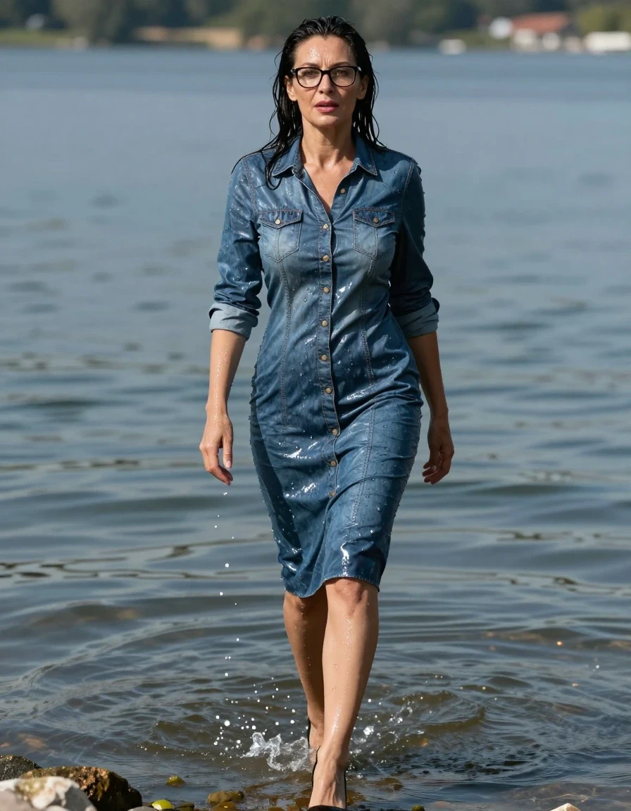 photo of young woman, in soaking wet, drenched clothes,
high-heeled shoes, tight midi shiny denim shirt dress, tight midi shiny denim shirt dress, after swim in lake, 
enjoying, wet clothes stuck to body,
detailed textures of the wet clothes, wet face, wet plastered hair,
wet, drenched, professional, high-quality details, full body view.
sharp focus, ultra-high pixel detail, realistic, high-quality, full colors, incredibly detailed, 4k, 8k, 16k, hyper-realistic, RAW photo, masterpiece, ultra-detailed, professionally color graded, professional photograph, europen brunette skinny woman 50 years old, long dark black hair, office glasses, very big and thick lips, complete body, wet skin, wet clothes, damp fabric, wet skin, wet clothes, damp fabric, wet skin, wet clothes, damp fabric, wet skin, wet clothes, damp fabric, wet skin, wet clothes, damp fabric, wet skin, wet clothes, damp fabric, wet skin, wet clothes, damp fabric