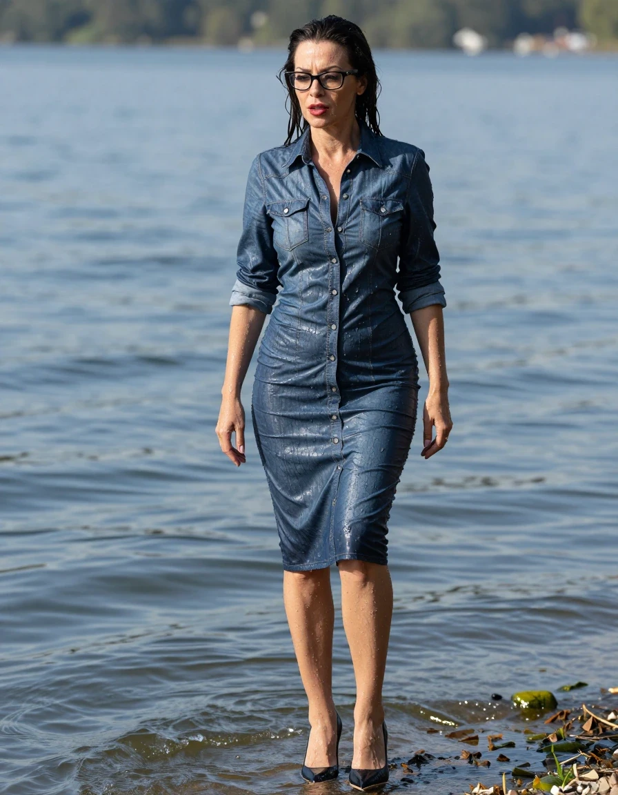 photo of young woman, in soaking wet, drenched clothes,
high-heeled shoes, tight midi shiny denim shirt dress, tight midi shiny denim shirt dress, after swim in lake, 
enjoying, wet clothes stuck to body,
detailed textures of the wet clothes, wet face, wet plastered hair,
wet, drenched, professional, high-quality details, full body view.
sharp focus, ultra-high pixel detail, realistic, high-quality, full colors, incredibly detailed, 4k, 8k, 16k, hyper-realistic, RAW photo, masterpiece, ultra-detailed, professionally color graded, professional photograph, europen brunette skinny woman 50 years old, long dark black hair, office glasses, very big and thick lips, complete body, wet skin, wet clothes, damp fabric, wet skin, wet clothes, damp fabric, wet skin, wet clothes, damp fabric, wet skin, wet clothes, damp fabric, wet skin, wet clothes, damp fabric, wet skin, wet clothes, damp fabric, wet skin, wet clothes, damp fabric