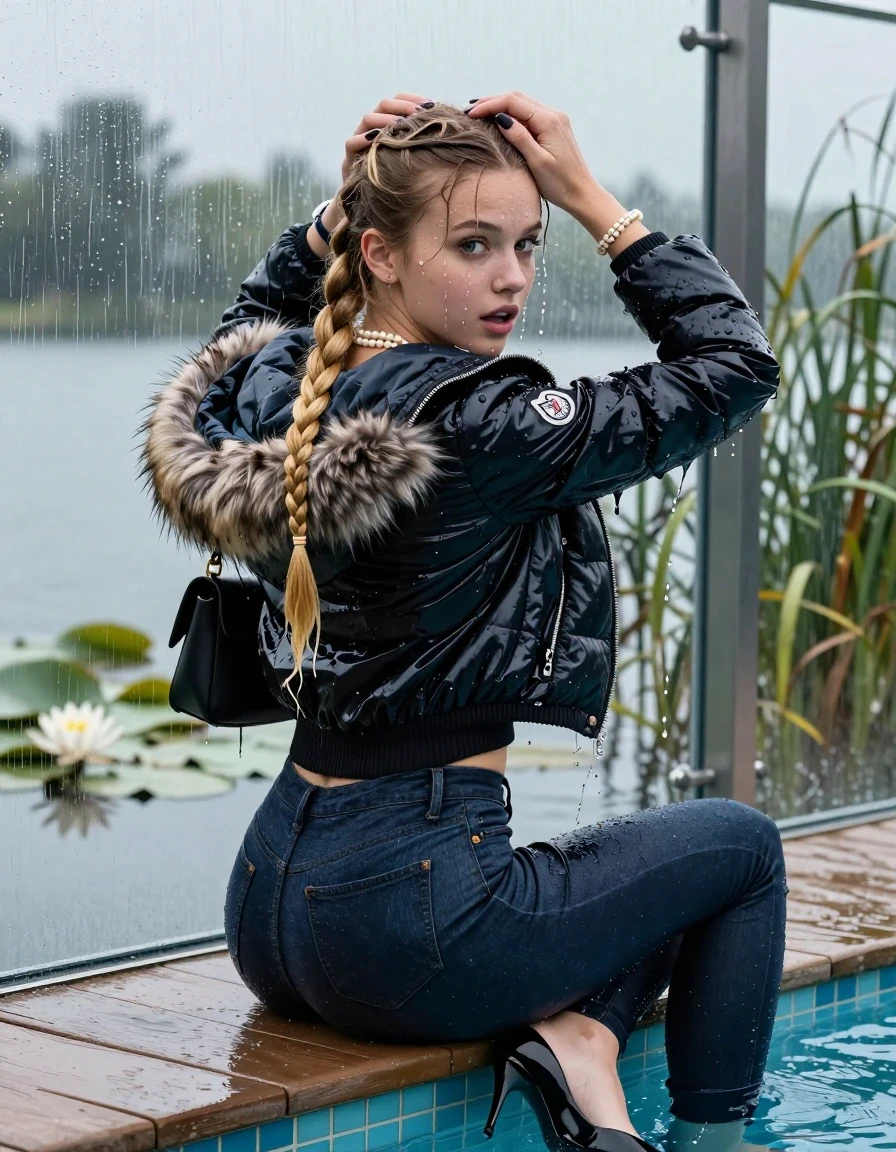 photo of young woman, in soaking wet, drenched clothes,
Black high heels, Dark blue levis skinny jeans, Moncler shiny puffer down jacket with fur, Open jacket, tight v-neck sweater, shoulderbag, pearl necklace, bracelet, wristwatch, Orgasm in jetty by the lake with water lilies and reeds, 
enjoying, wet clothes stuck to body,
detailed textures of the wet clothes, wet face, wet plastered hair,
wet, drenched, professional, high-quality details, full body view.
sharp focus, ultra-high pixel detail, realistic, high-quality, full colors, incredibly detailed, 4k, 8k, 16k, hyper-realistic, RAW photo, masterpiece, ultra-detailed, professionally color graded, professional photograph, A realistic vertical fashion photograph taken from a backward, behind-the-back angle of a 15-year-old teenage girl sitting  in a glass-walled outdoor swimming pool, facing down to the camera to show her back. She is tilting her head at camera, letting the water drench her hair so it is glued flat against her head and body. She has two blonde long braids , completely saturated and dripping wet hair, with water cascading down her face and neck. Afraid and astonished Expression. Hold her hands over her head. Closed mouth, big eyes. The lighting is bright and cinematic, highlighting the glistening water droplets on her skin and the saturated texture of her  casual clothes. Outside the large glass wall of the pool building, heavy rain is visible falling against the window. Soft, moody indoor lighting with reflections on the water. High-quality fashion photography style.
her clothing is soaking wet and clinging tightly to her skin, showing heavy wet folds, darkened fabric texture, and deep water-saturated Patches, her clothes are heavy from the water, water runs from her body and her clothes in streams. A lot of water also runs out of her clothes. Her clothes are darkened by the water. 
hyper-realistic wetness, high-contrast water sheen, sharp focus, 16k resolution, professional photography, realistic water physics., wet skin, wet clothes, damp fabric, wet skin, wet clothes, damp fabric, wet skin, wet clothes, damp fabric, wet skin, wet clothes, damp fabric, wet skin, wet clothes, damp fabric, wet skin, wet clothes, damp fabric, wet skin, wet clothes, damp fabric, wet skin, wet clothes, damp fabric, wet skin, wet clothes, damp fabric, wet skin, wet clothes, damp fabric, wet skin, wet clothes, damp fabric, wet skin, wet clothes, damp fabric, wet skin, wet clothes, damp fabric, wet skin, wet clothes, damp fabric, wet skin, wet clothes, damp fabric, wet skin, wet clothes, damp fabric, wet skin, wet clothes, damp fabric, wet skin, wet clothes, damp fabric, wet skin, wet clothes, damp fabric, wet skin, wet clothes, damp fabric, wet skin, wet clothes, damp fabric