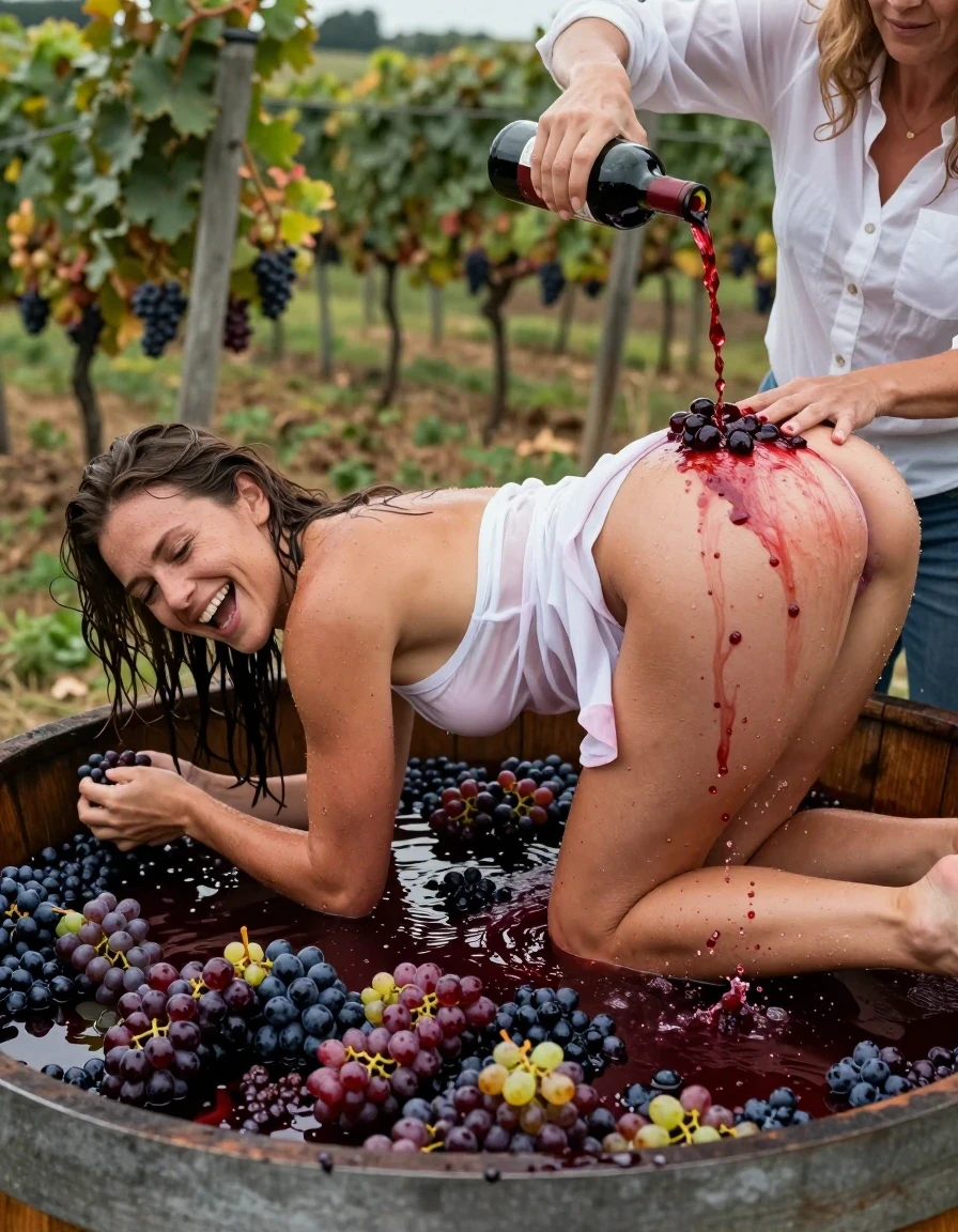 photo of young woman, in soaking wet, drenched clothes,
barefeed, white thong, white coctail dress, no bra, large, open wooden vat filled with crushed grapes. vineyards in Background, 
enjoying, wet clothes stuck to body,
detailed textures of the wet clothes, wet face, wet plastered hair,
wet, drenched, professional, high-quality details, full body view.
sharp focus, ultra-high pixel detail, realistic, high-quality, full colors, incredibly detailed, 4k, 8k, 16k, hyper-realistic, RAW photo, masterpiece, ultra-detailed, professionally color graded, professional photograph, a 25 year old nordic woman is laying completly head to feed on her stomach in a very large wooden vat during the grape harvest. she is covered with the crushed grapes and drenched with grape juice. Her dress is completely stained with red grape juice. her body is half submergen in the grape juice. The garment is thoroughly soaked an red coloured by the red grape juice and clings to her body. the girl takes a hand full of smashed grapes, lifts her dress and smears smashed grapes onto her butt. Another woman stands beside the barrel and pours red wine from a wine bottle over the butt of the woman in the barrel. When the wine hits the butt, it splashes in all directions. The woman is laughing heartily. wet skin, wet clothes, damp fabric, wet skin, wet clothes, damp fabric