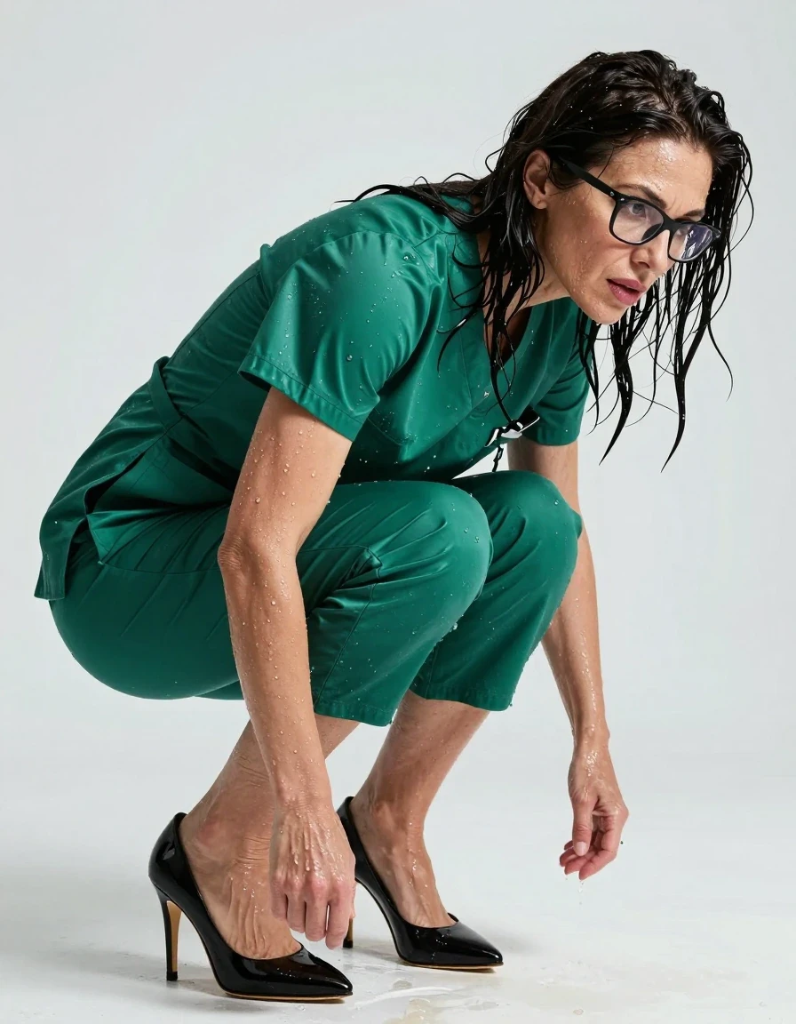 photo of young woman, in soaking wet, drenched clothes,
high-heeled shoes, tight green shiny scrubs dress, tight green shiny scrubs dress, after diving , 
enjoying, wet clothes stuck to body,
detailed textures of the wet clothes, wet face, wet plastered hair,
wet, drenched, professional, high-quality details, full body view.
sharp focus, ultra-high pixel detail, realistic, high-quality, full colors, incredibly detailed, 4k, 8k, 16k, hyper-realistic, RAW photo, masterpiece, ultra-detailed, professionally color graded, professional photograph, europen brunette skinny woman 50 years old, long dark black hair, office glasses, very big and thick lips, complete body, wet skin, wet clothes, damp fabric, wet skin, wet clothes, damp fabric, wet skin, wet clothes, damp fabric, wet skin, wet clothes, damp fabric, wet skin, wet clothes, damp fabric, wet skin, wet clothes, damp fabric, wet skin, wet clothes, damp fabric