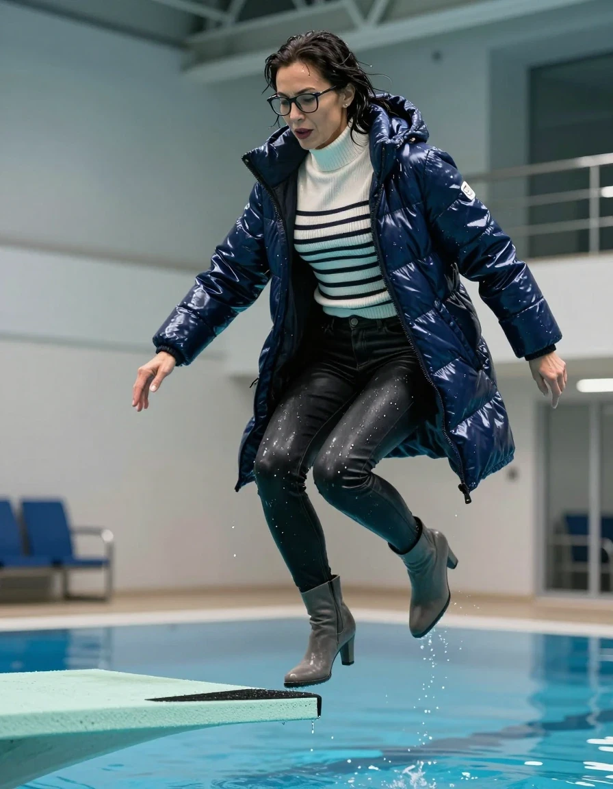 photo of young woman, in soaking wet, drenched clothes,
high-heeled gray boots, long black leather jeans, high-neck shiny white and black striped sweater, maxi dark blue shiny winter down jacket, jumping from the diving board into the water of the indoor pool, 
enjoying, wet clothes stuck to body,
detailed textures of the wet clothes, wet face, wet plastered hair,
wet, drenched, professional, high-quality details, full body view.
sharp focus, ultra-high pixel detail, realistic, high-quality, full colors, incredibly detailed, 4k, 8k, 16k, hyper-realistic, RAW photo, masterpiece, ultra-detailed, professionally color graded, professional photograph, europen brunette skinny woman 50 years old, long dark black hair, office glasses, very big and thick lips, complete body, wet skin, wet clothes, damp fabric, wet skin, wet clothes, damp fabric, wet skin, wet clothes, damp fabric, wet skin, wet clothes, damp fabric, wet skin, wet clothes, damp fabric, wet skin, wet clothes, damp fabric, wet skin, wet clothes, damp fabric