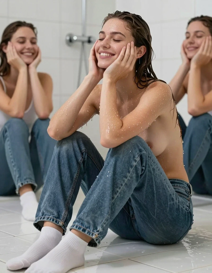 photo of young woman, in soaking wet, drenched clothes,
white socks, extra wide jeans, topless, bathroom, 
enjoying, wet clothes stuck to body,
detailed textures of the wet clothes, wet face, wet plastered hair,
wet, drenched, professional, high-quality details, full body view.
sharp focus, ultra-high pixel detail, realistic, high-quality, full colors, incredibly detailed, 4k, 8k, 16k, hyper-realistic, RAW photo, masterpiece, ultra-detailed, professionally color graded, professional photograph, multiple women sitting in the shower, smiling, socks and jeans drenched, wet skin, wet clothes, damp fabric