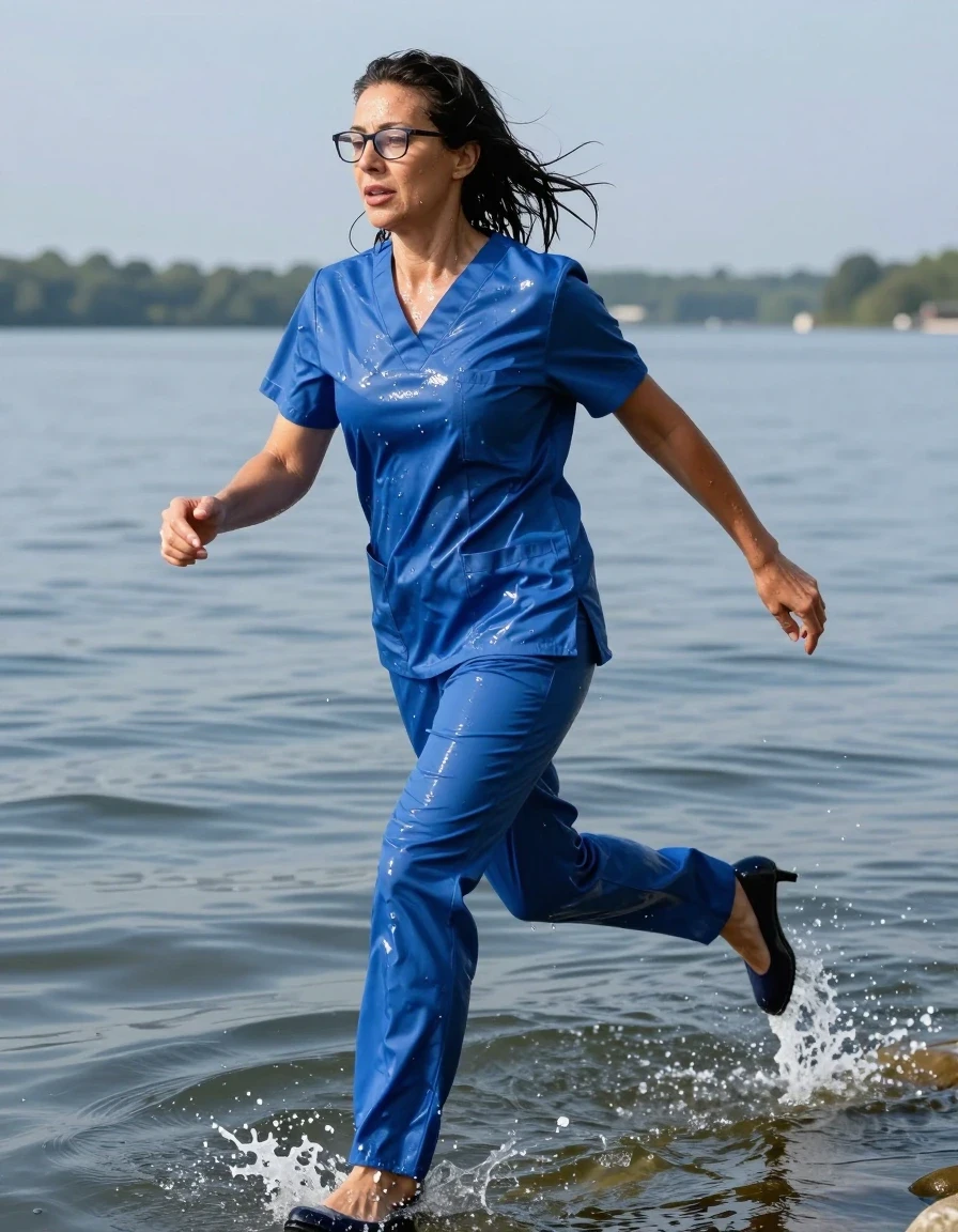 photo of young woman, in soaking wet, drenched clothes,
high-heeled shoes, tight blue shiny scrubs, tight blue shiny scrubs, running after diving in the sunny lake, 
enjoying, wet clothes stuck to body,
detailed textures of the wet clothes, wet face, wet plastered hair,
wet, drenched, professional, high-quality details, full body view.
sharp focus, ultra-high pixel detail, realistic, high-quality, full colors, incredibly detailed, 4k, 8k, 16k, hyper-realistic, RAW photo, masterpiece, ultra-detailed, professionally color graded, professional photograph, europen brunette skinny woman 50 years old, long dark black hair, office glasses, very big and thick lips, complete body, wet skin, wet clothes, damp fabric, wet skin, wet clothes, damp fabric, wet skin, wet clothes, damp fabric, wet skin, wet clothes, damp fabric, wet skin, wet clothes, damp fabric, wet skin, wet clothes, damp fabric, wet skin, wet clothes, damp fabric