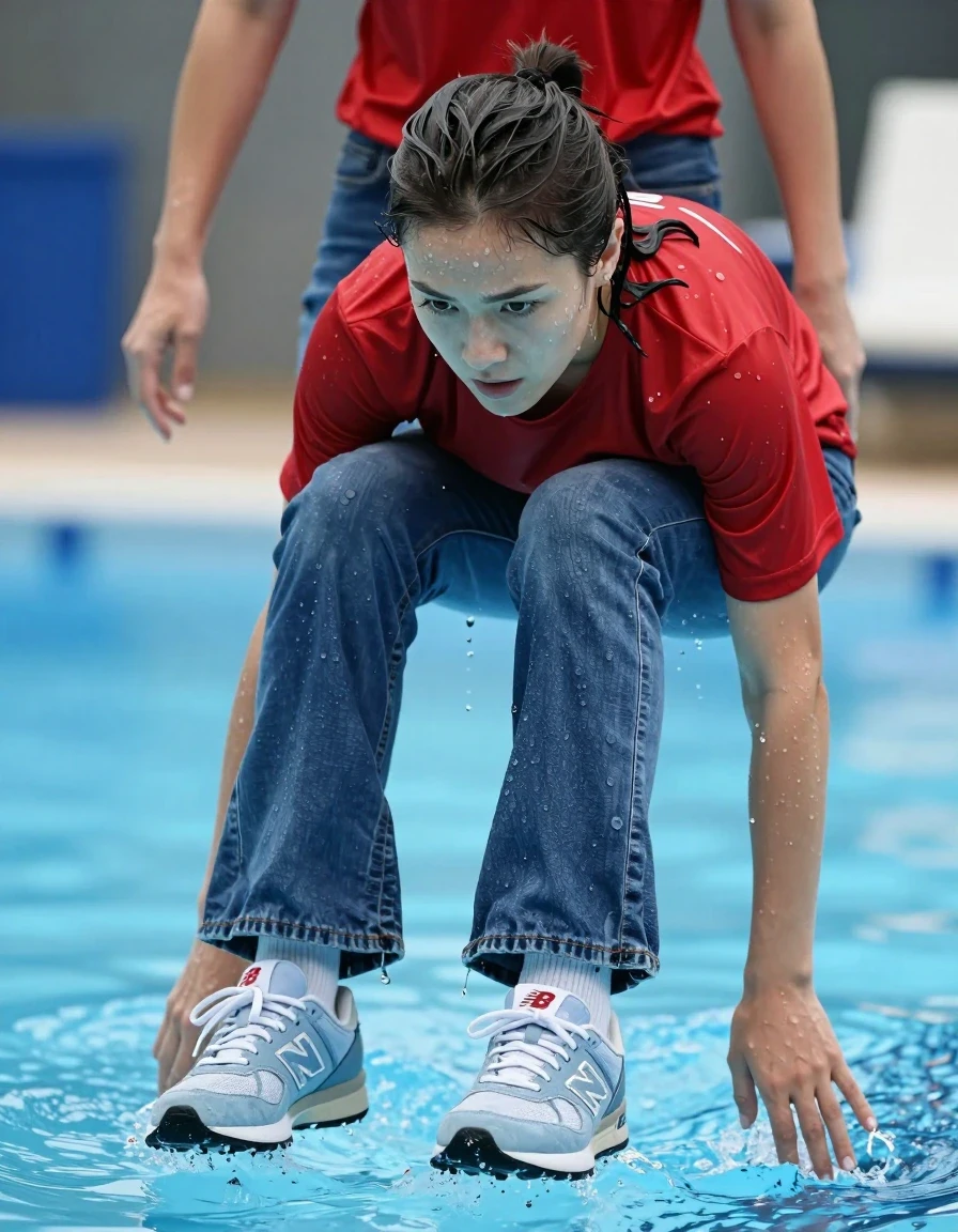 photo of young woman, in soaking wet, drenched clothes,
light blue new balance sneakers, white socks, blue bell jeans, red t shirt, pool, 
enjoying, wet clothes stuck to body,
detailed textures of the wet clothes, wet face, wet plastered hair,
wet, drenched, professional, high-quality details, full body view.
sharp focus, ultra-high pixel detail, realistic, high-quality, full colors, incredibly detailed, 4k, 8k, 16k, hyper-realistic, RAW photo, masterpiece, ultra-detailed, professionally color graded, professional photograph, diving into the pool, wet skin, wet clothes, damp fabric